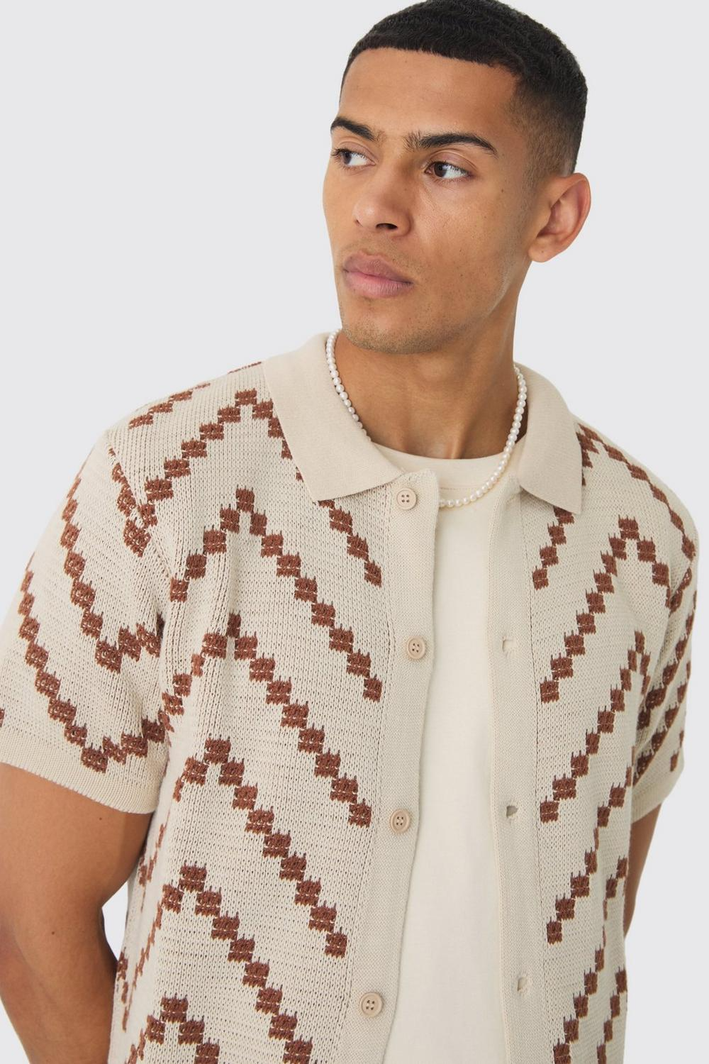  Boohooman Open Knit Stripe Shirt In Ecru、mySite、justintrudeaud