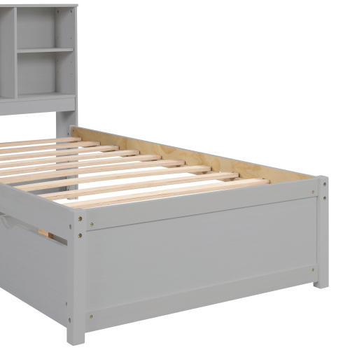 Modern Twin Size Bed Frame With Built-in USB Port on Bookcase Headboard and 2 Drawers for Grey Color、、xpatfood