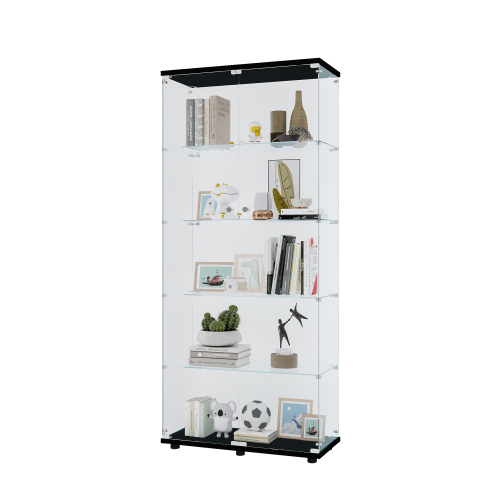 Glass Display Cabinet with 5 Shelves Double Door, Curio Cabinets for Living Room, Bedroom, Office, Black Floor Standing Glass Bookshelf, Quick Installation、、casual