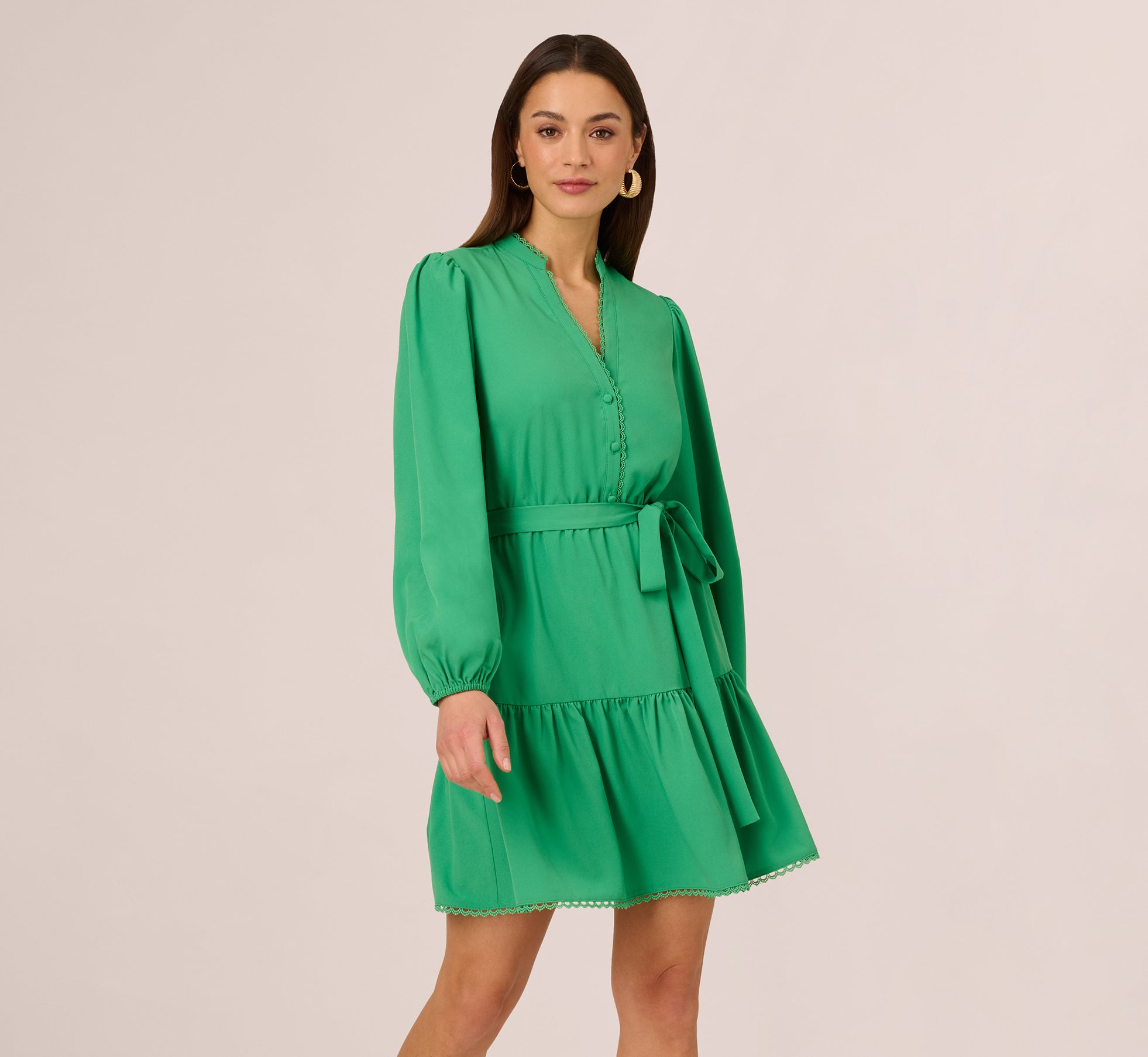 Long Sleeve Scallop Trim Short Dress In Green、mySite、solidvoid