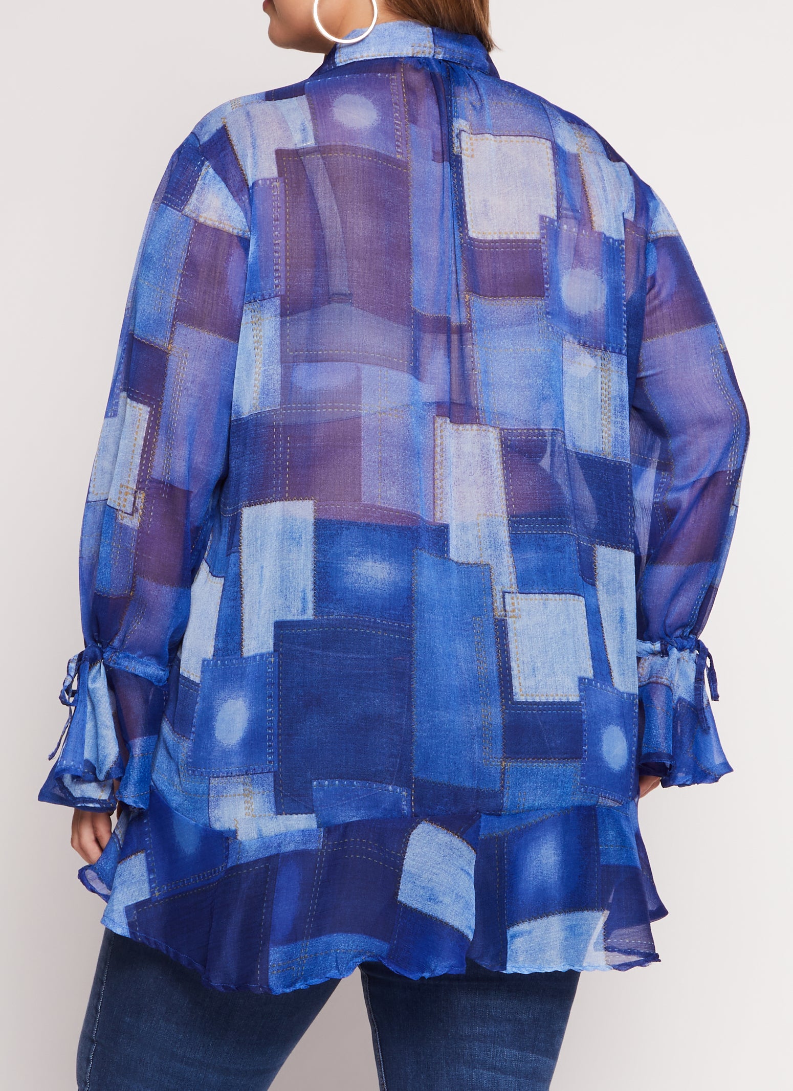 Plus Size Chiffon Patterned Tie Sleeve Tie Front Blouse、mySite、camillekostekn