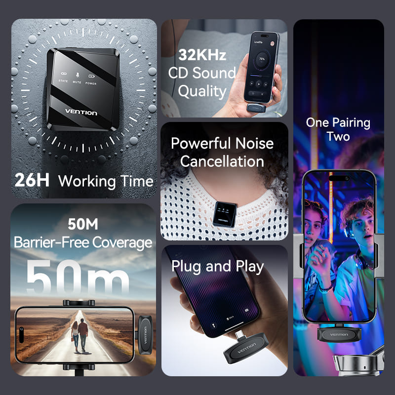 Vention USB-C 2-Pack Wireless Lavalier Microphone Black Type、mySite、fannypackpong