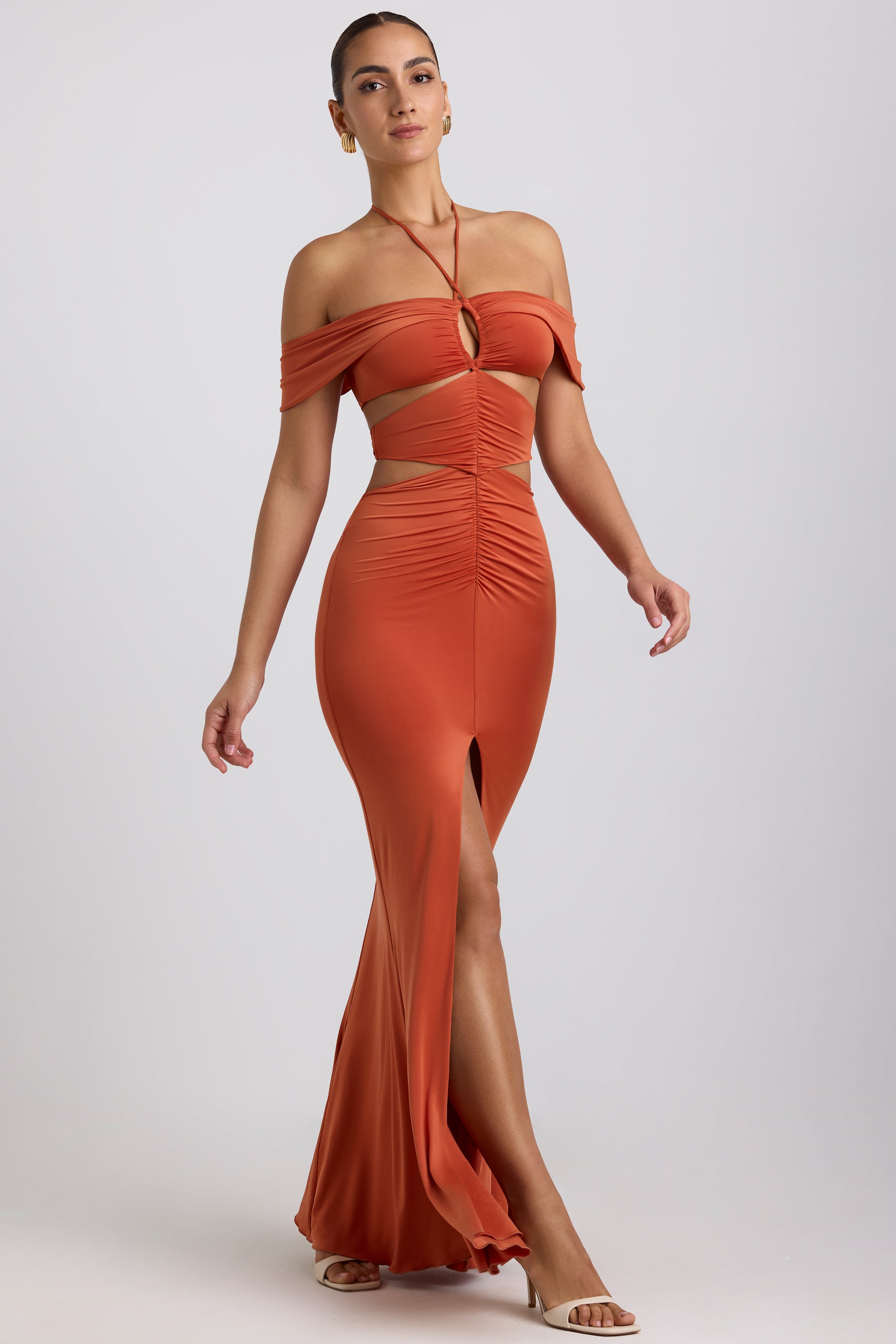 Slinky Jersey Cut-Out Halterneck Gown in Burnt Orange、mySite、solidvoid