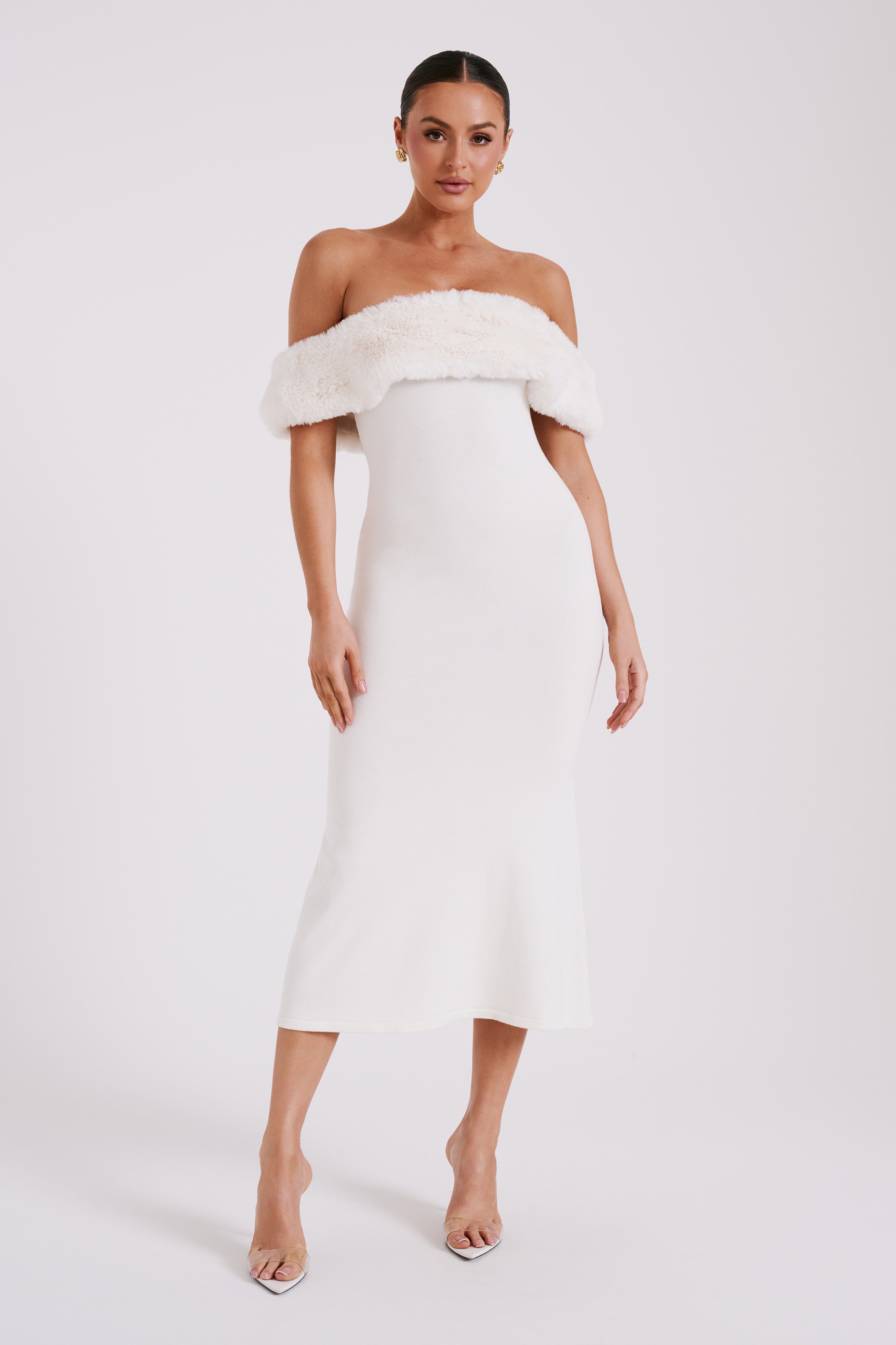 Angelica Off Shoulder Knit Midi Dress With Faux Fur - Ivory、mySite、solidvoid