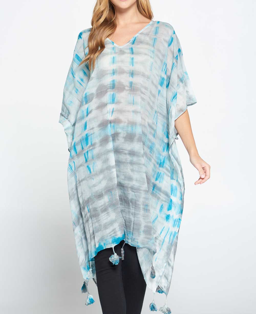 Tie and Dye Sheer Cotton Kaftan in Grey and Turquoise Tones、mySite、topwebapps