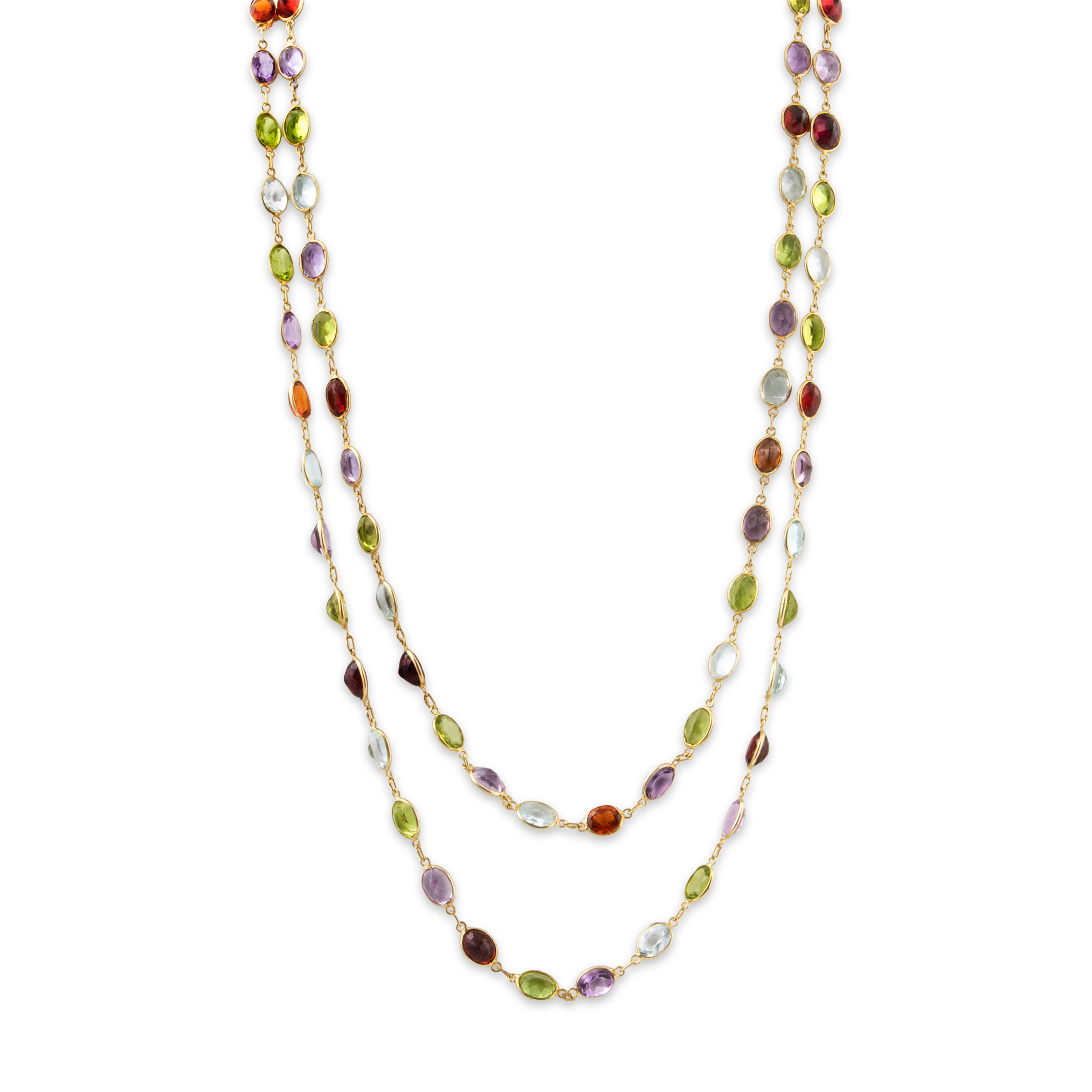 Vintage long 14k Yellow Gold 37cttw Peridot Amethyst Aquamarine Station Necklace、mySite、hinf8tx79