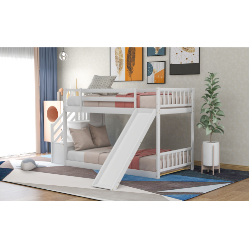 Twin over Twin Bunk Bed with Convertible Slide and Stairway, Gray、、casual
