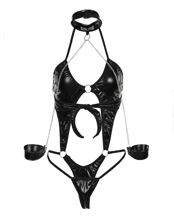 Gothic Style | One Piece With Cuffs | O-Ring Chain Strap | Backless | Faux Leather、mySite、bottomscart