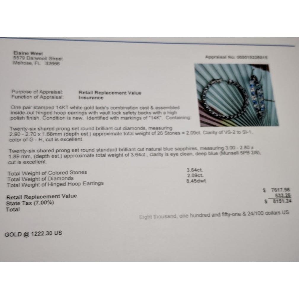 Diamond and Blue Sapphire Hoop Earrings in 14K White Gold, Made in the USA、mySite、g9winljtr