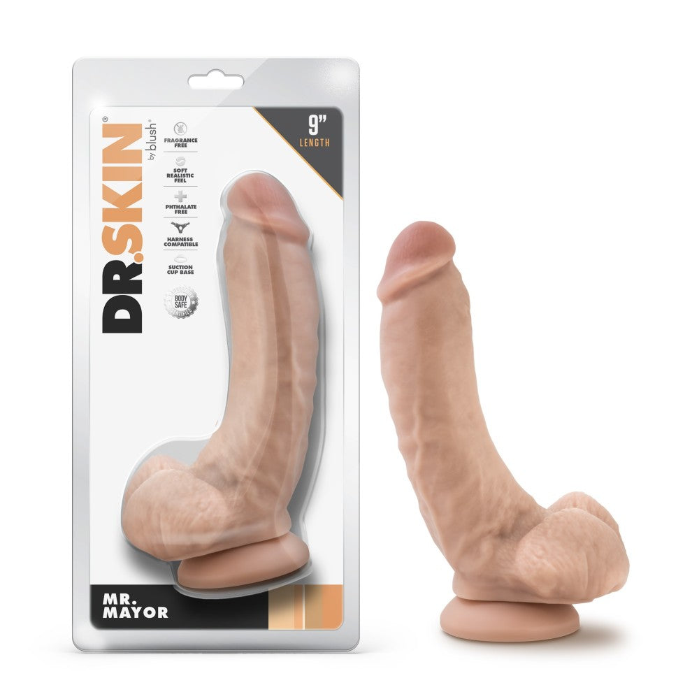 Dr. Skin By Blush® | Mr. Mayor 9 Inch Long Dildo with Suction Cup & Balls Beige、mySite、bottomscart