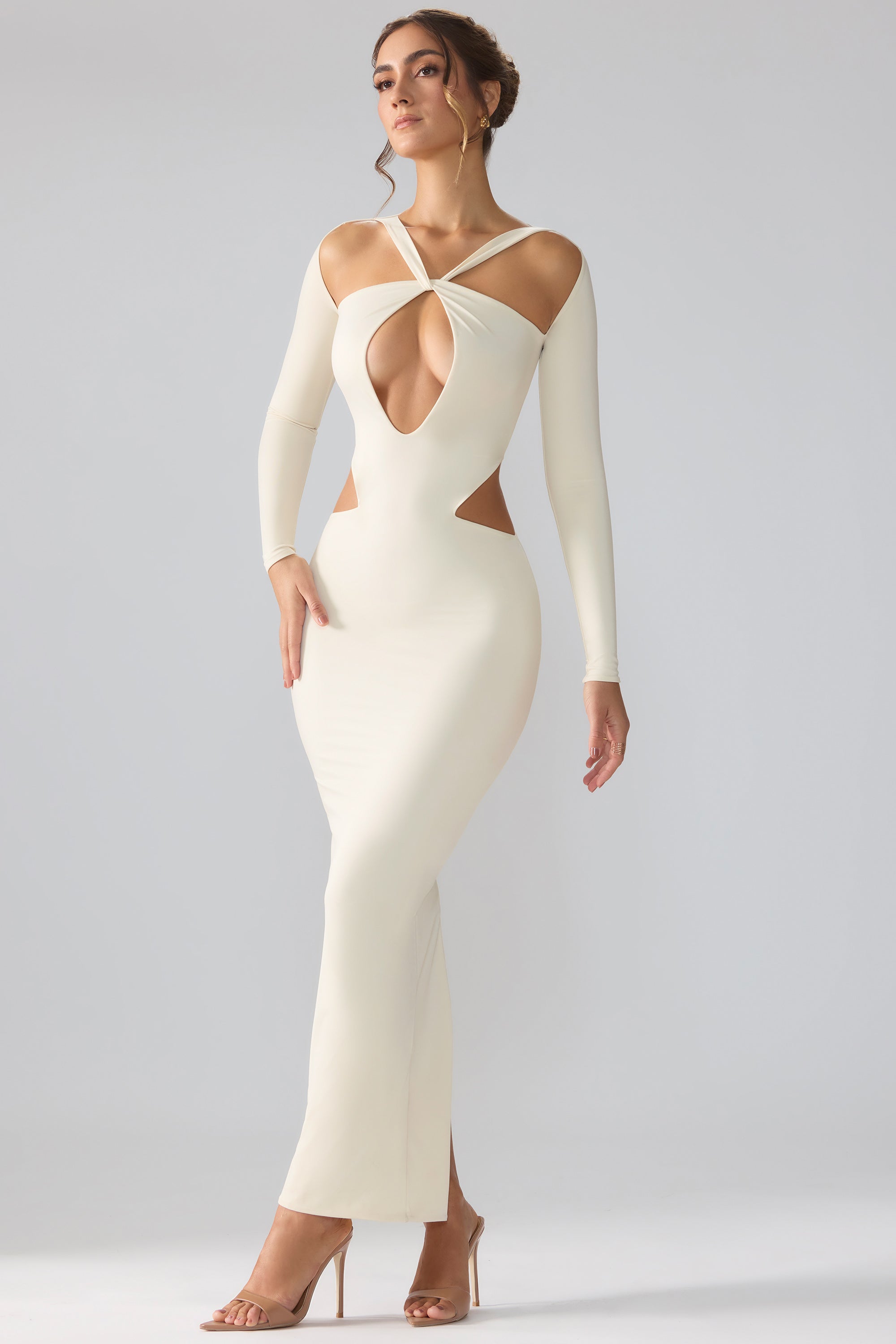 Premium Jersey Long Sleeve Cut Out Maxi Dress in Ivory、mySite、solidvoid