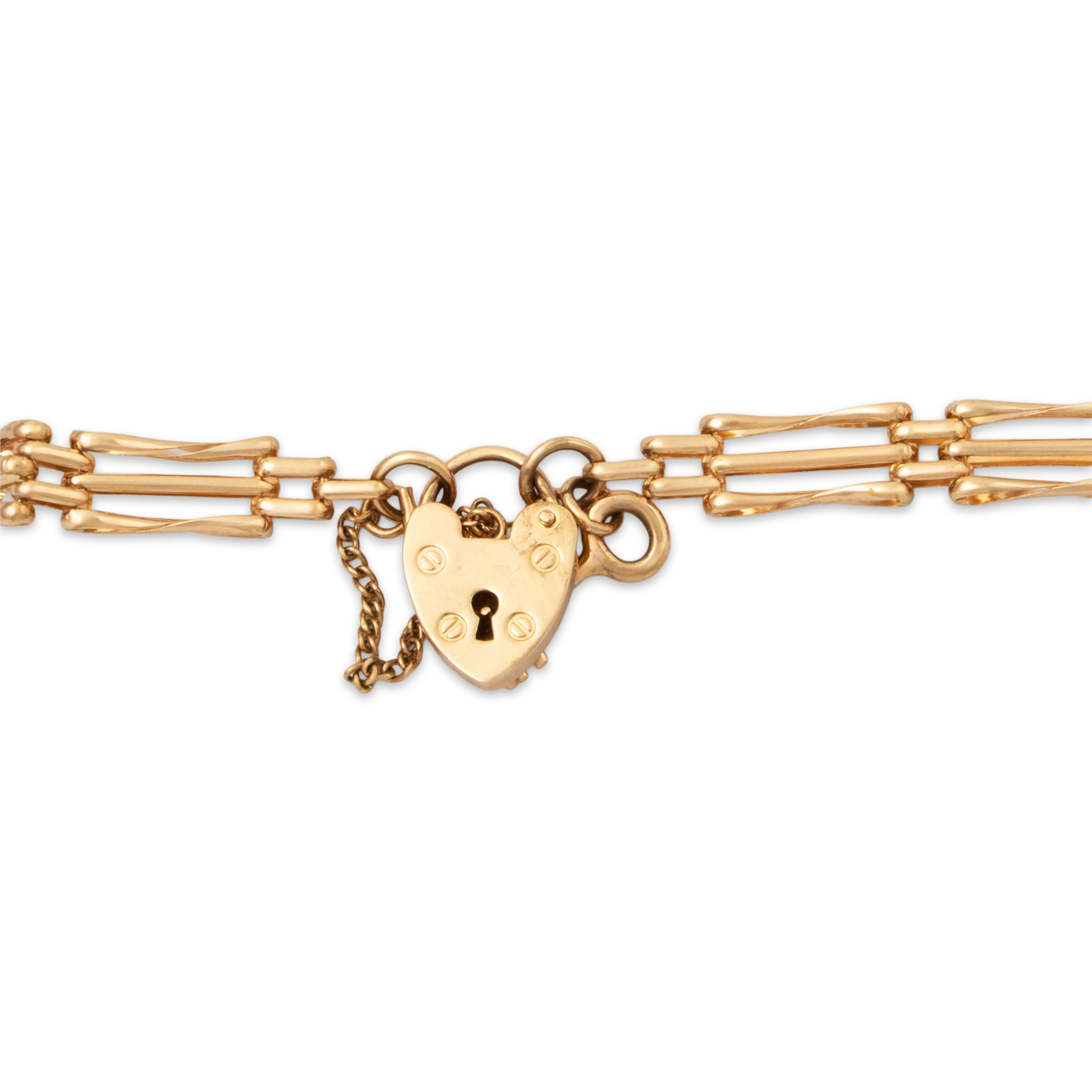 Vintage English 14k Yellow Gold Heart & Key Clasp Link Bracelet 7.25、mySite、hinf8tx79