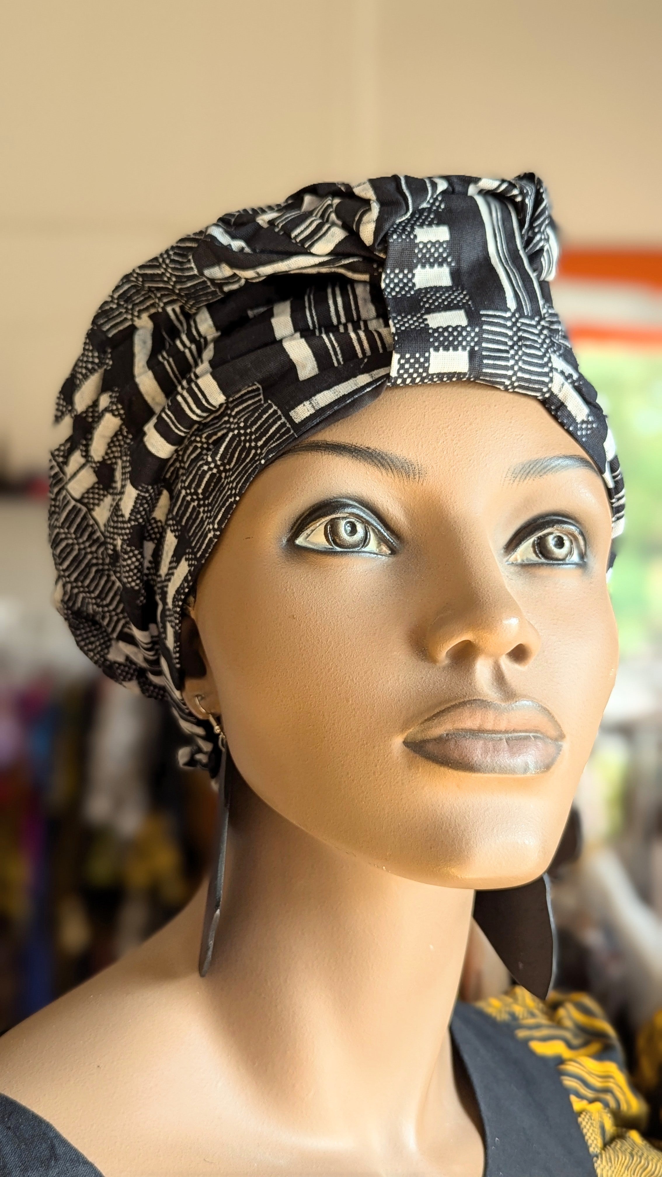 Dupsie's Eshe Black and White Kente African Print Pre-Tied Head Wrap DPB0795PT6、mySite、solidvoid