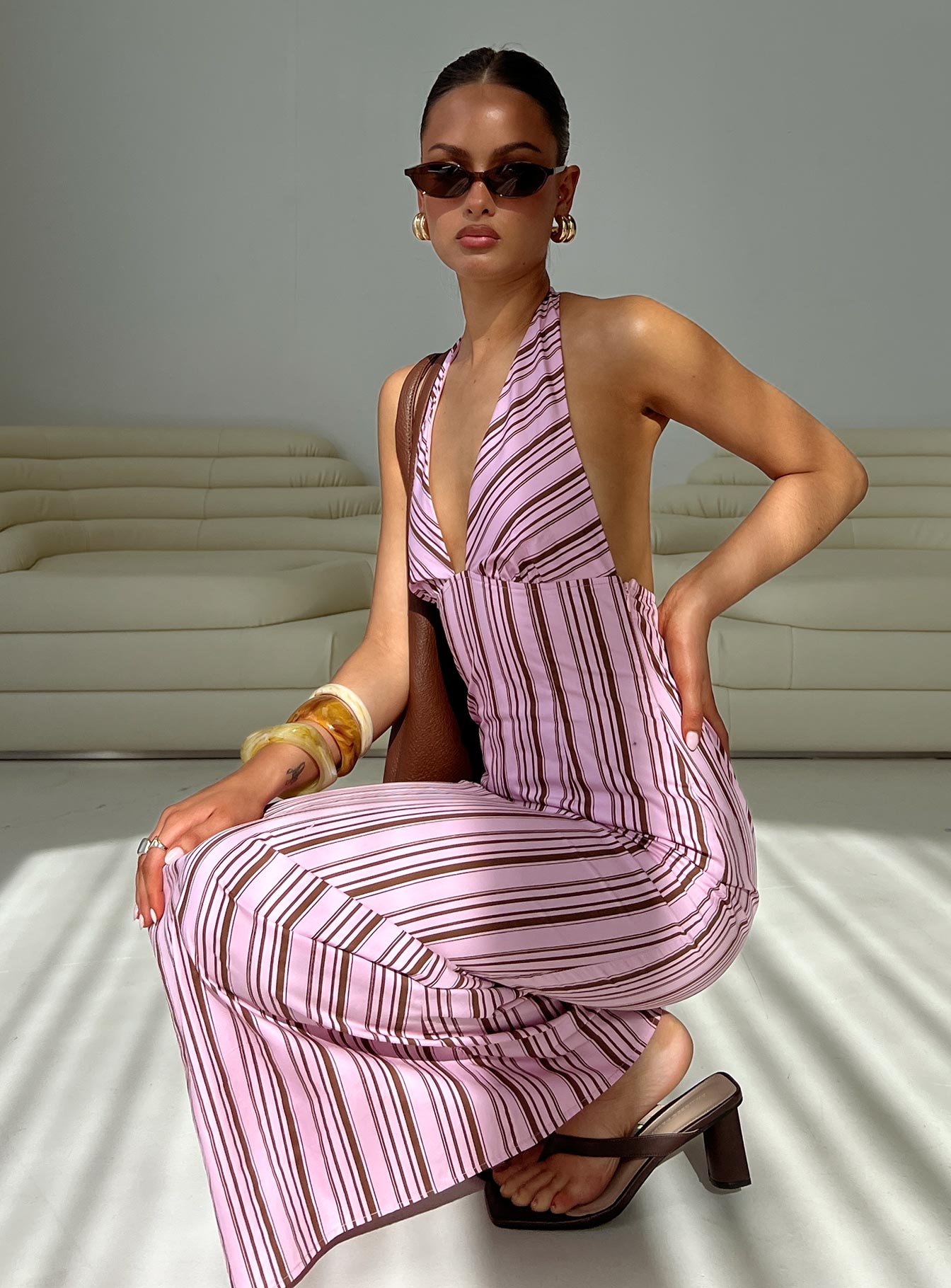 Avrie Halter Maxi Dress Pink / Brown Stripe、mySite、solidvoid