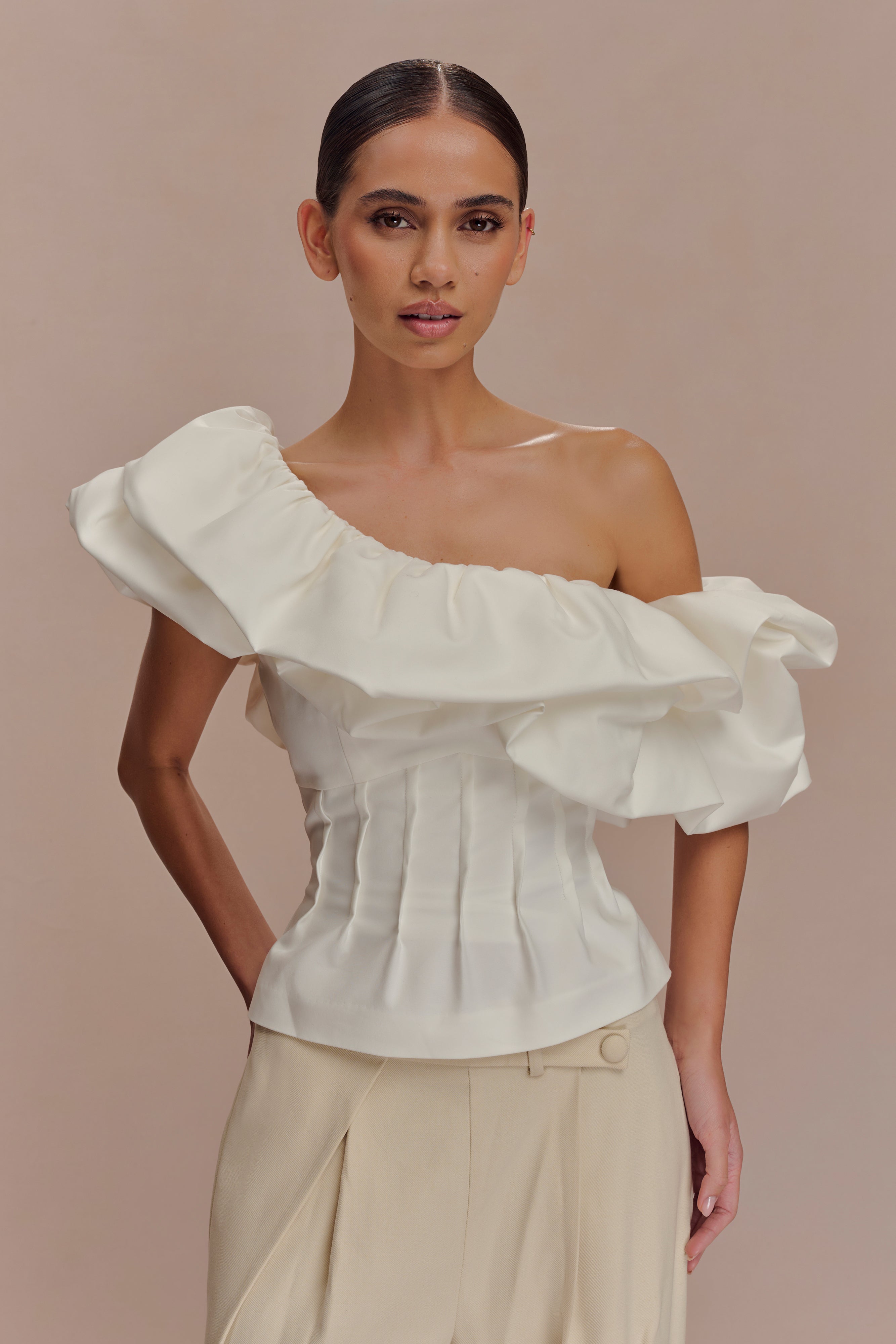 Debbie One Shoulder Bubble Top - White、mySite、solidvoid