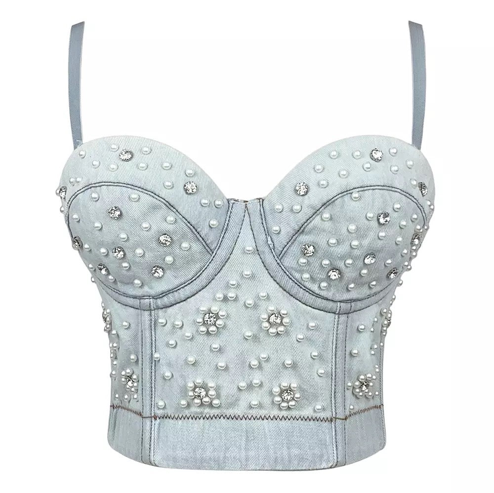  Pearl Denim Corset Bustier Top、mySite、merchandisen
