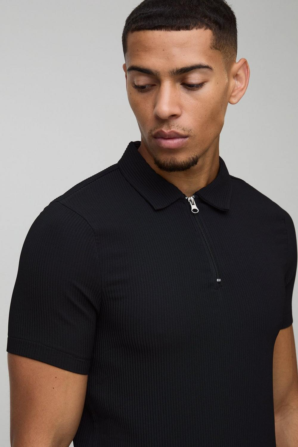  Boohooman Short Sleeve Pleated Polo Stretch Fit Shirt Black、mySite、justintrudeaud