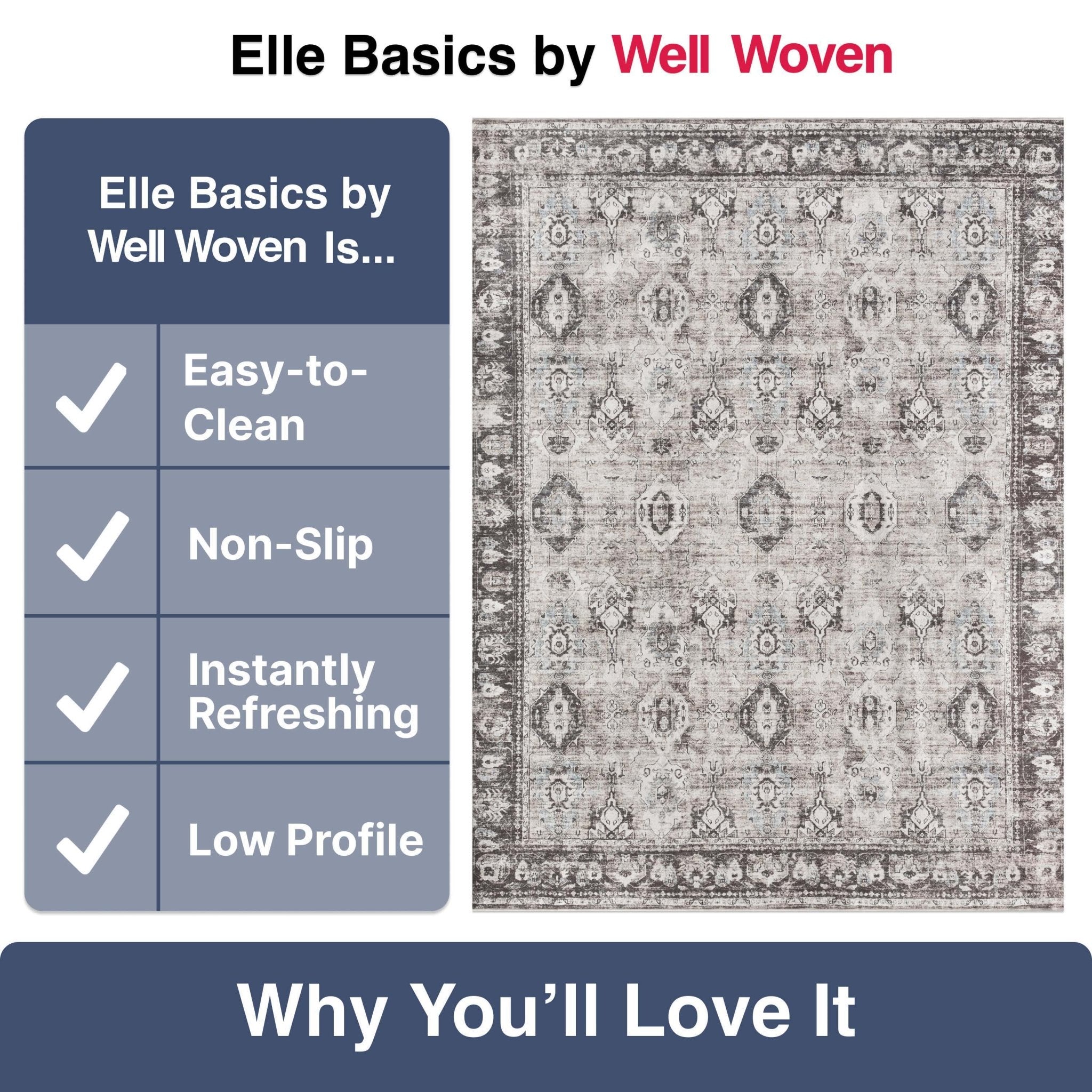 Elle Basics Intrigue Easy-Clean Washable Rug - Durable, Non-Slip, Low-Profile Design for Home Comfort、mySite、gigharbornorthrealestate
