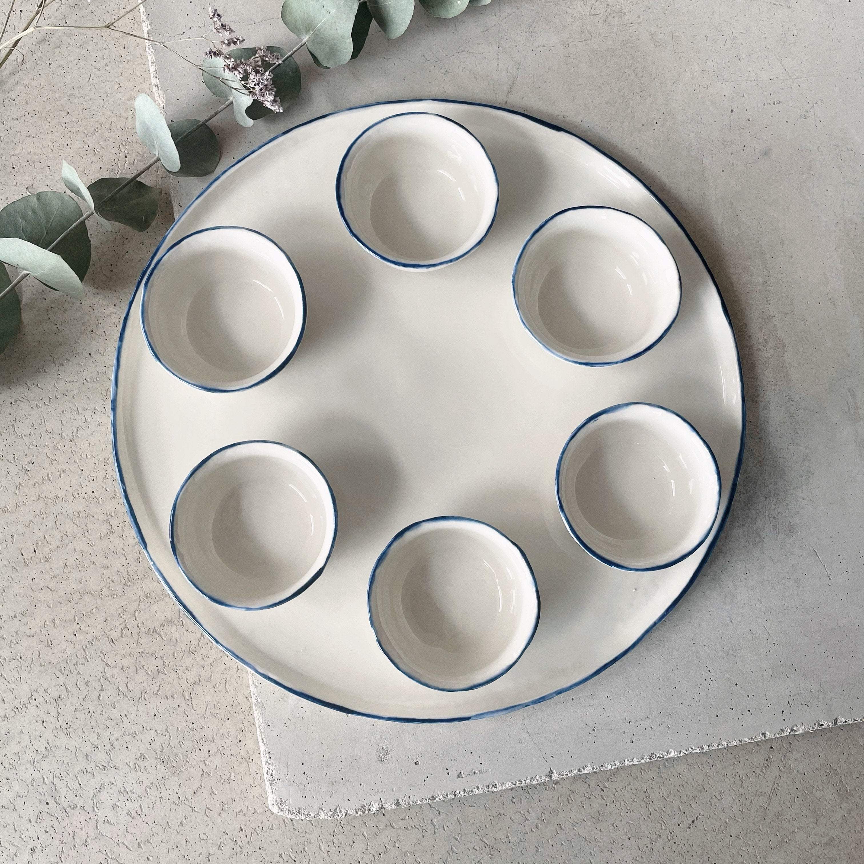 White with Blue Trim Porcelain Seder Plate by SIND Studio、mySite、topwebapps