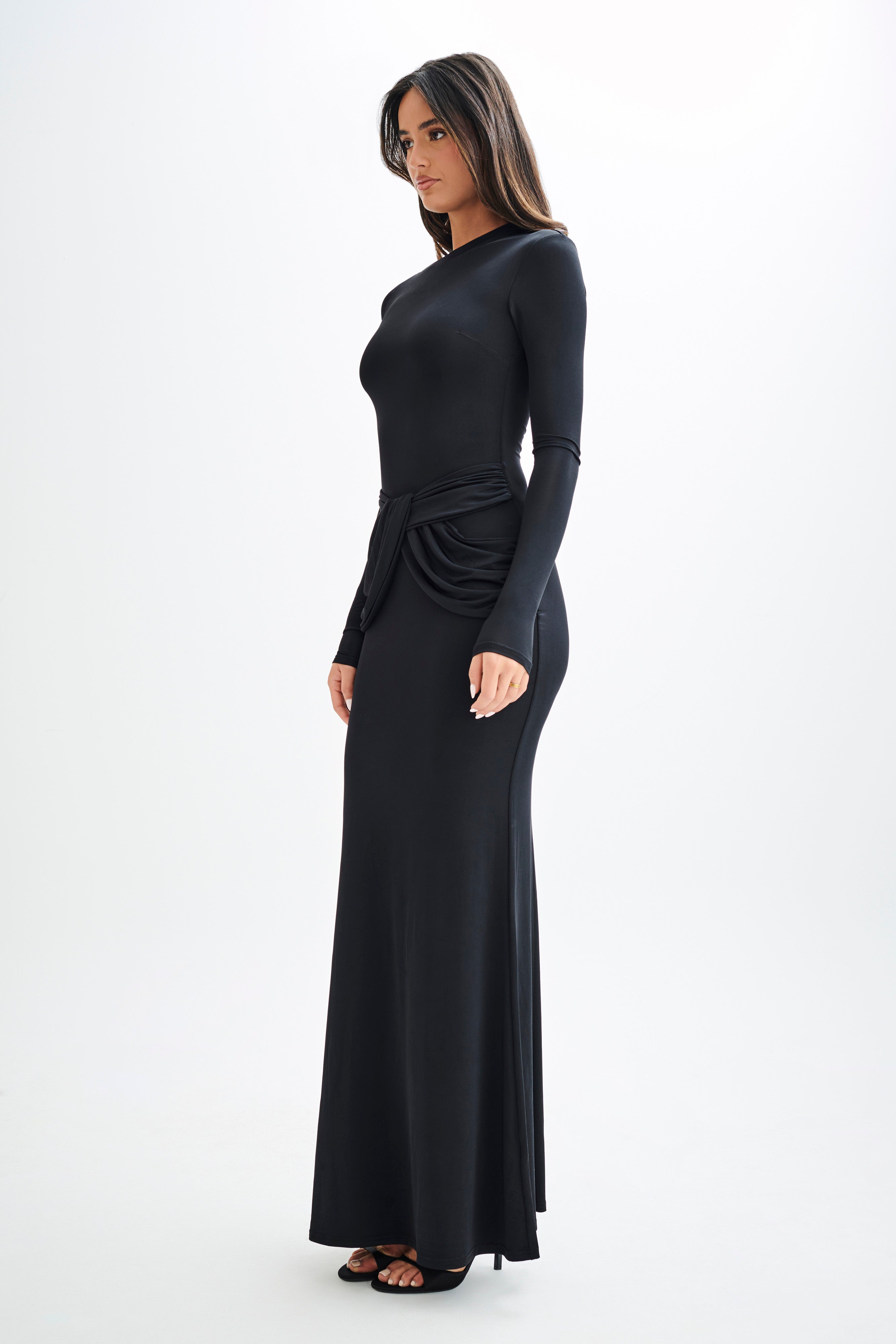 Halcyon Long Sleeve Slinky Maxi Dress - Black、mySite、solidvoid