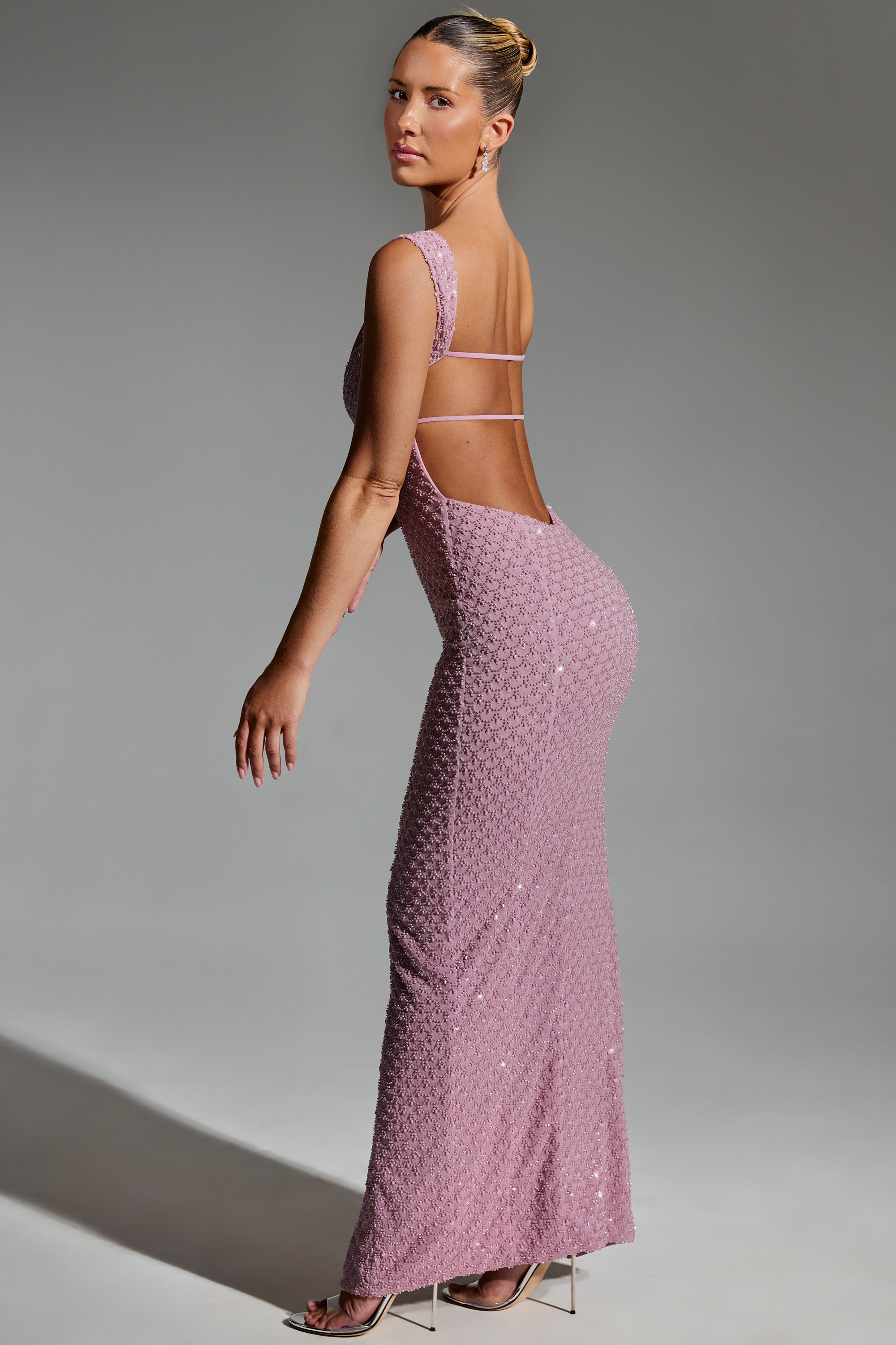Embellished Open-Back Maxi Dress in Mauve、mySite、solidvoid