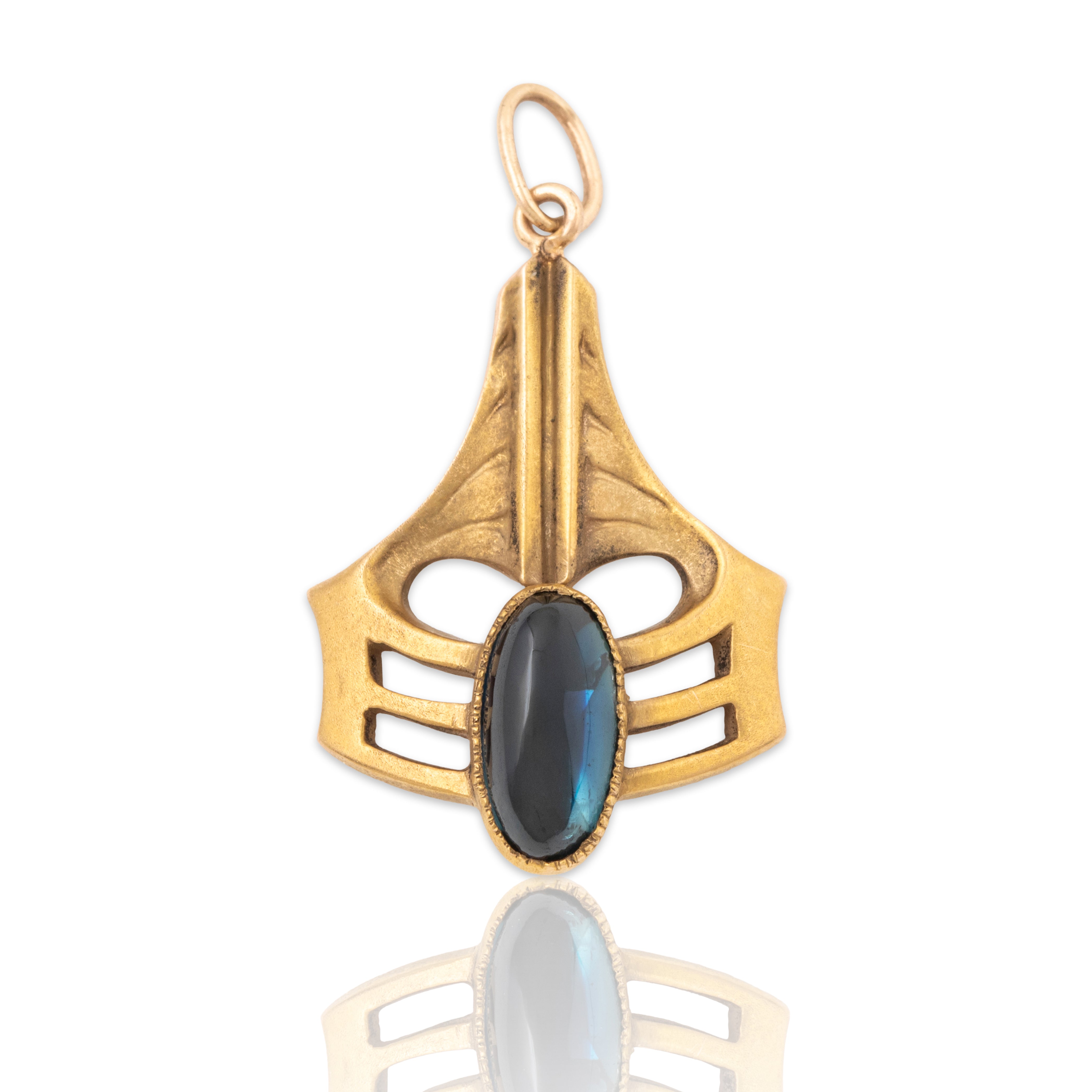 Antique Art Deco 14k Yellow Gold Cabochon Synthetic Sapphire Pearl Charm Pendant、mySite、hinf8tx79