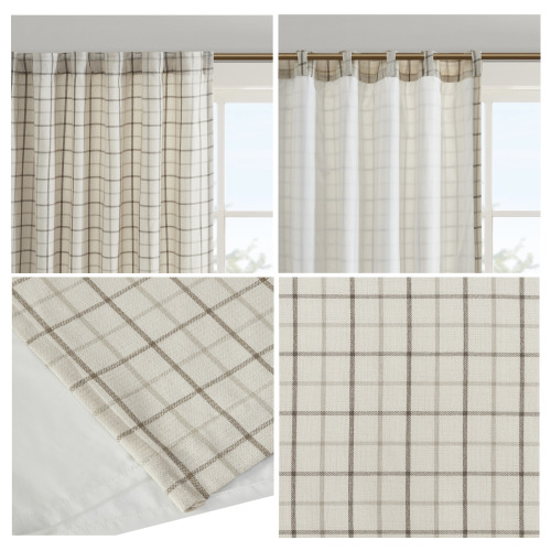 Plaid Rod Pocket and Back Tab Curtain Panel with Fleece Lining Brown 50x84"、、eastwooduniform