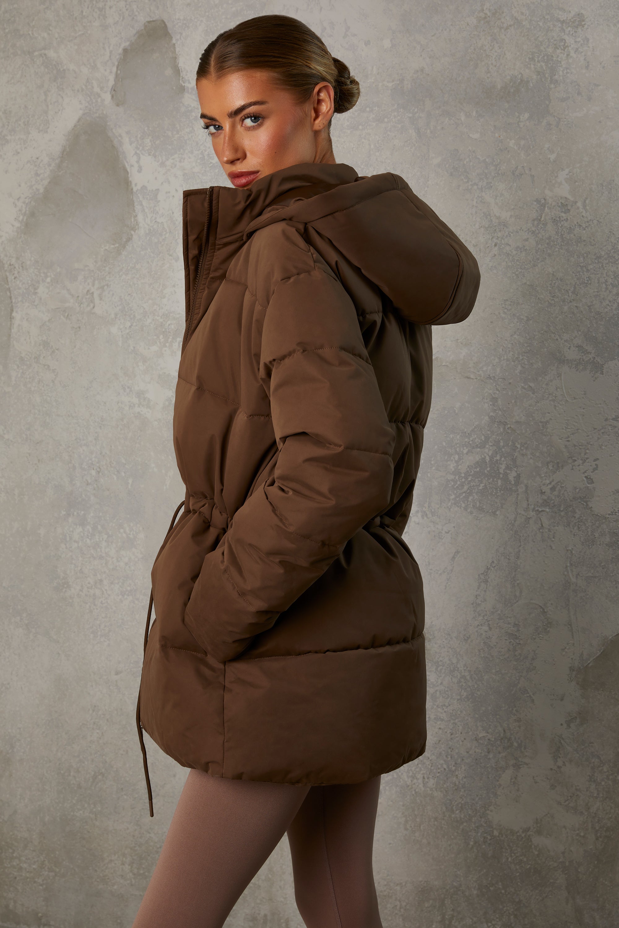 Mid Length Hooded Puffer Coat in Cocoa Brown、mySite、solidvoid
