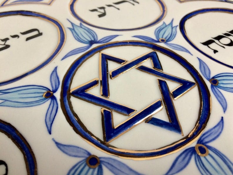 Navy, Turquoise and Gold Floral Porcelain Seder Plate and Salt Bowl、mySite、topwebapps