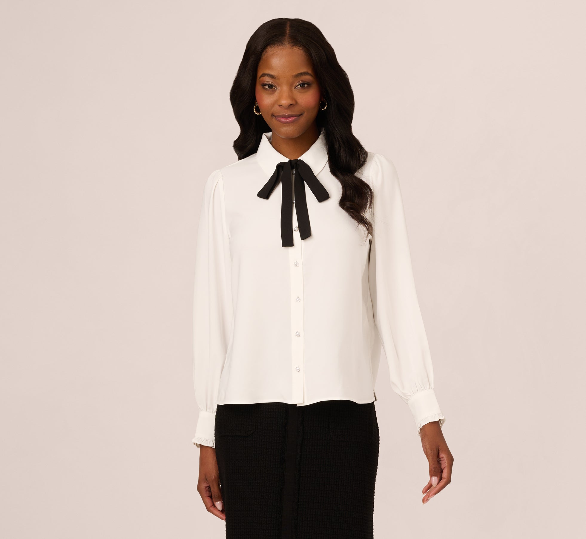 Long Sleeve Collared Tie Neck Blouse In Ivory Black、mySite、solidvoid