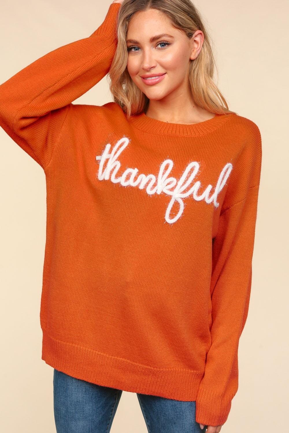 Metallic Glitter Embroidery Women's Thankful Sweater、mySite、camillekostekn