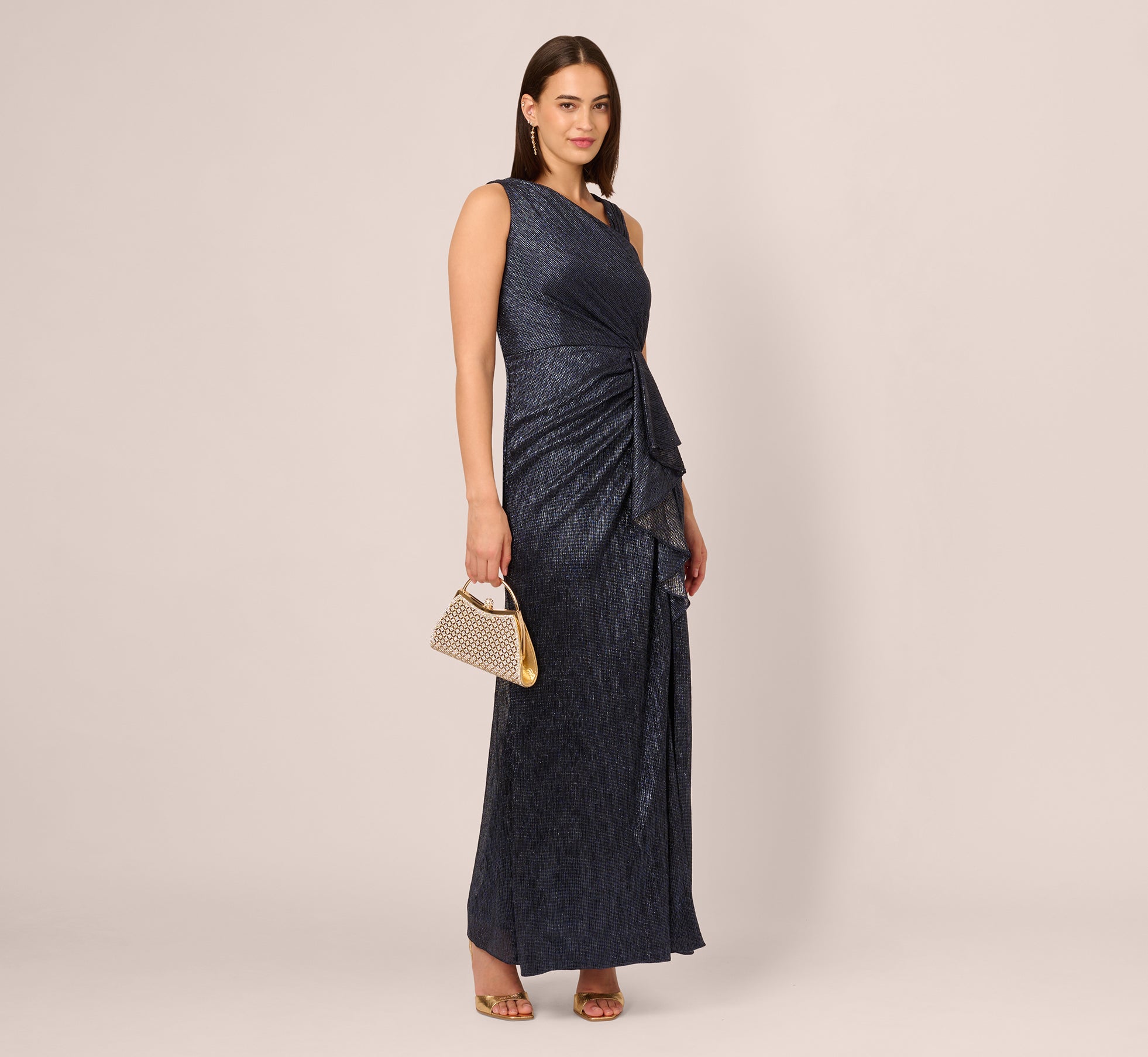 Draped Metallic Foil Long Dress In Navy、mySite、solidvoid