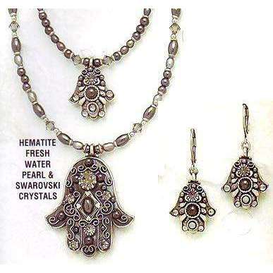 Michal Golan Hematite, Freshwater Pearl and Swarovski Crystal Hamsa Necklace、mySite、topwebapps
