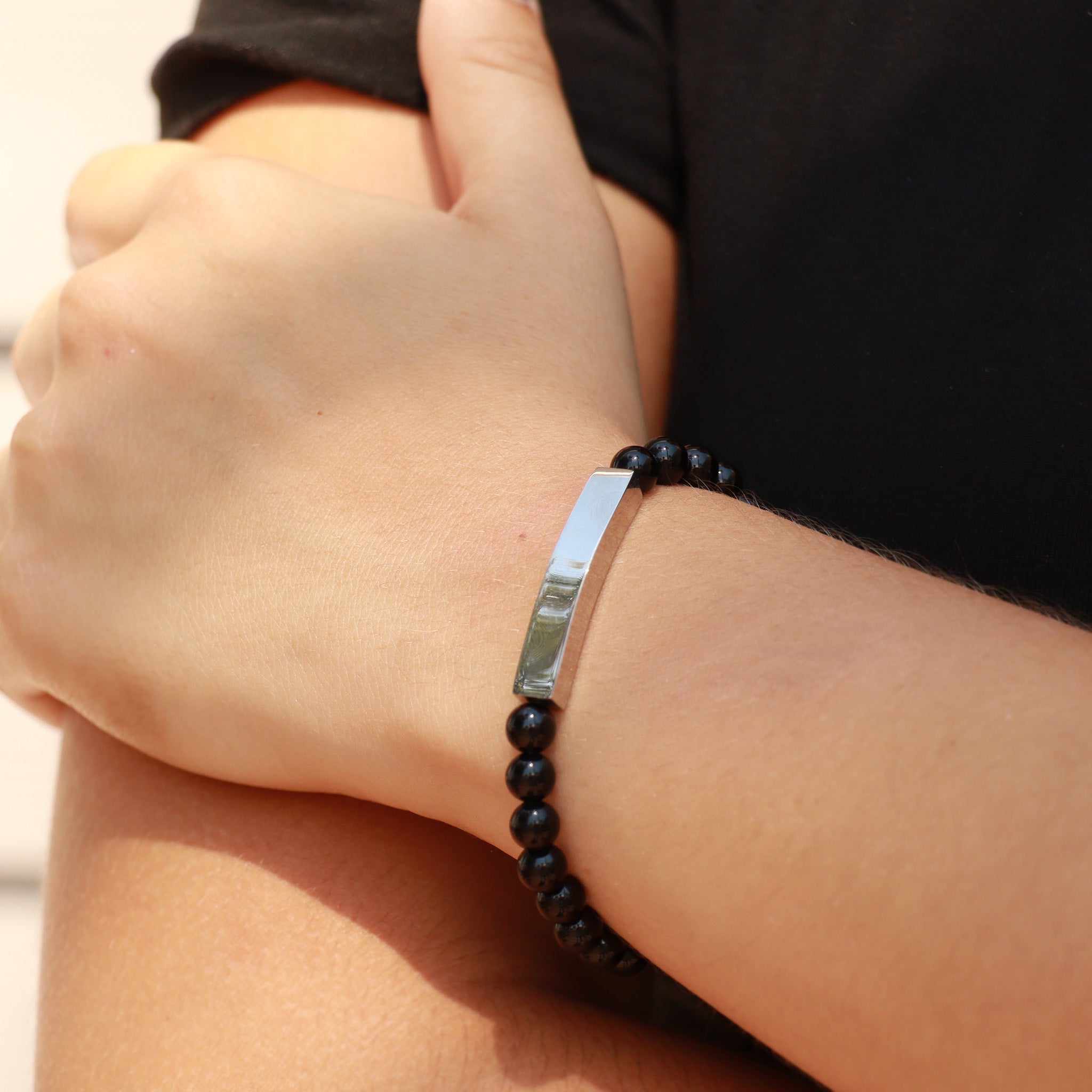 18K Gold PVD Stainless Steel Semi Precious Natural Stone Stretch Curved Bar Bracelet / SBB0278、mySite、dreamappss