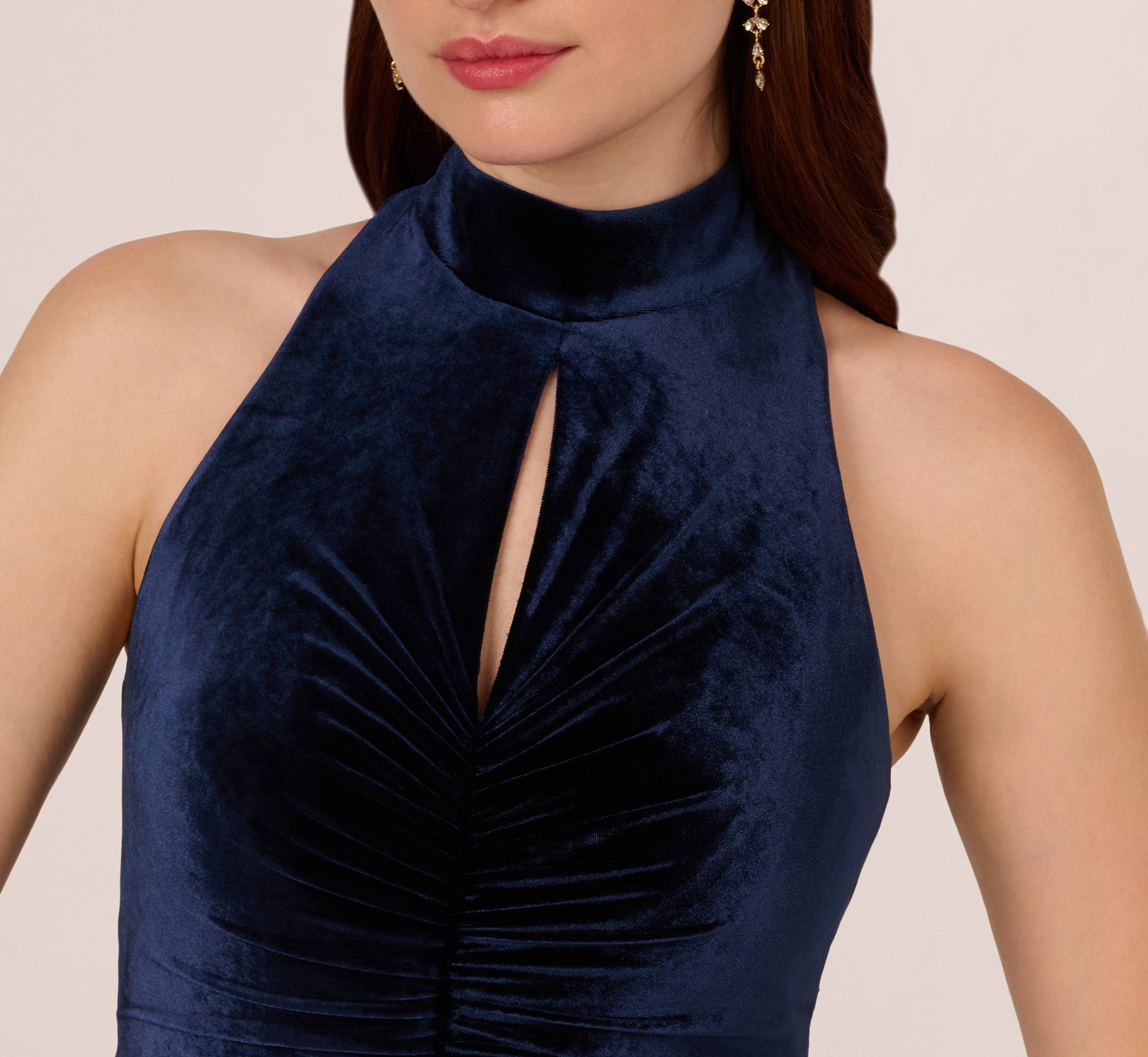 Velvet High Low Halter Gown With Cutout Mock Neck In Midnight、mySite、solidvoid