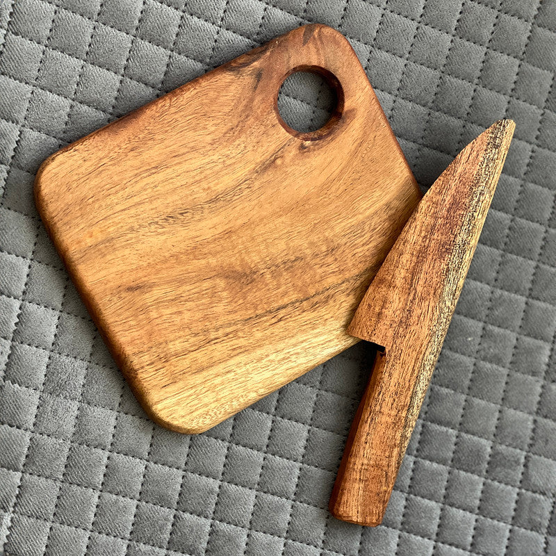 Kids Acacia Wood Cutting Board with Wooden Knife | Food Grade Finish | Brown、mySite、camillekostekn
