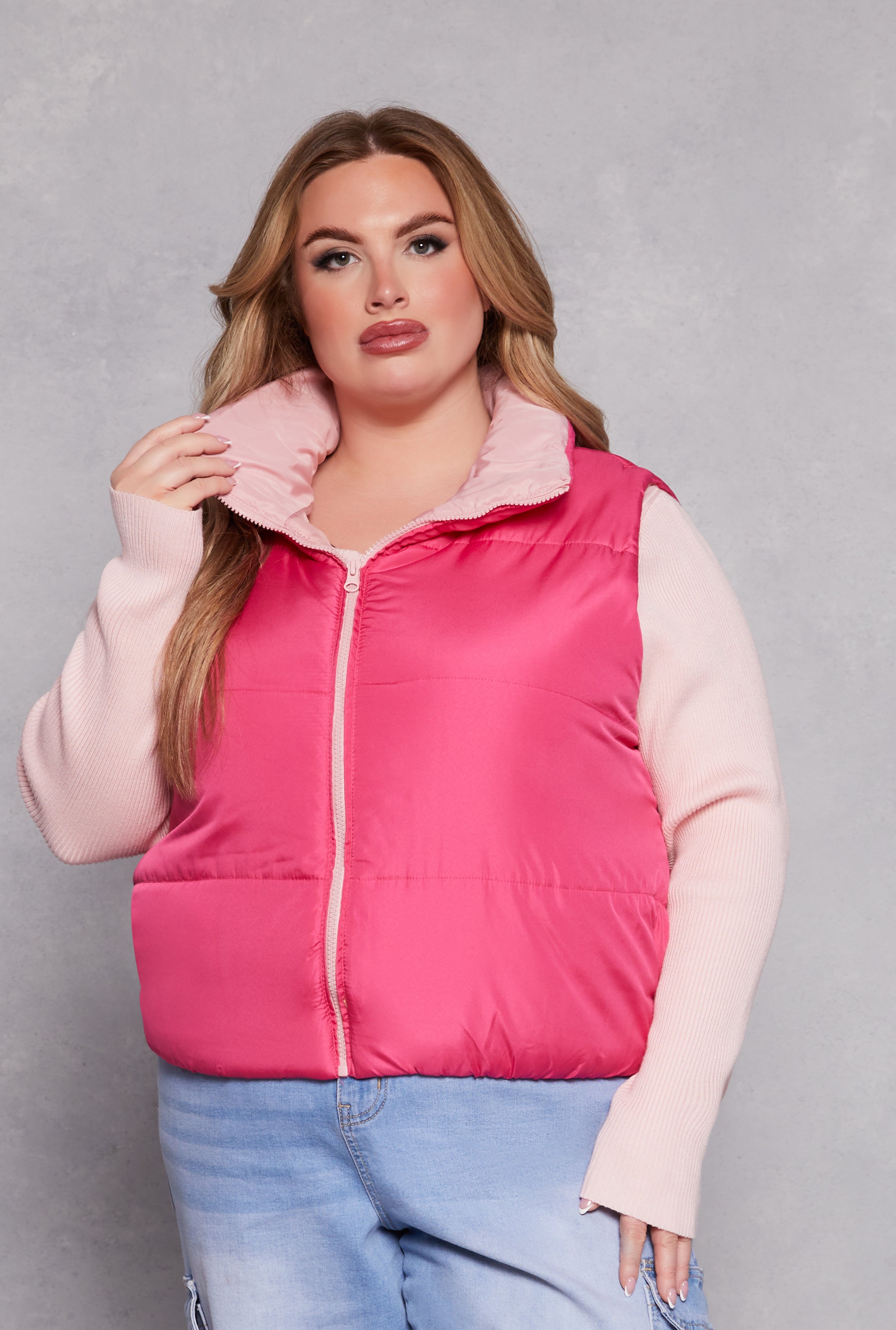 Plus Size Color Blocked Puffer Vest、mySite、camillekostekn