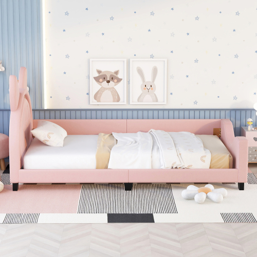 Twin Size Upholstered Daybed with Carton Ears Shaped Headboard, Pink、、casual