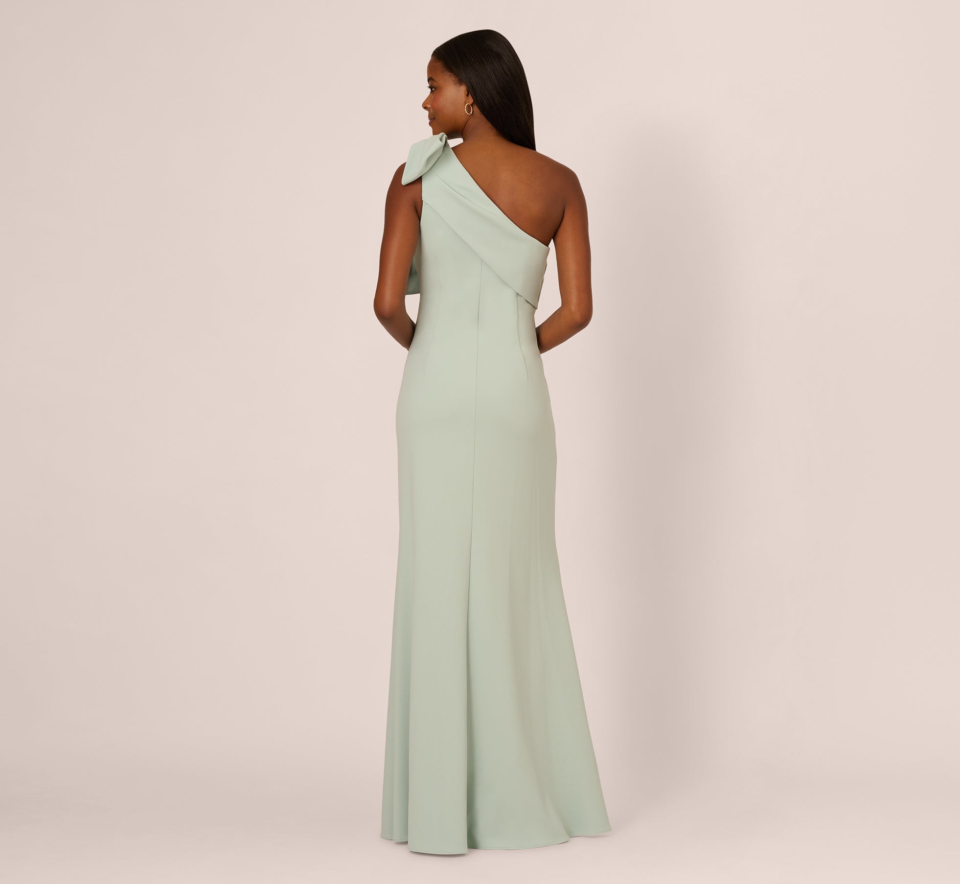 Stretch Crepe One Shoulder Mermaid Gown With Bow Accent In Icy Sage、mySite、solidvoid