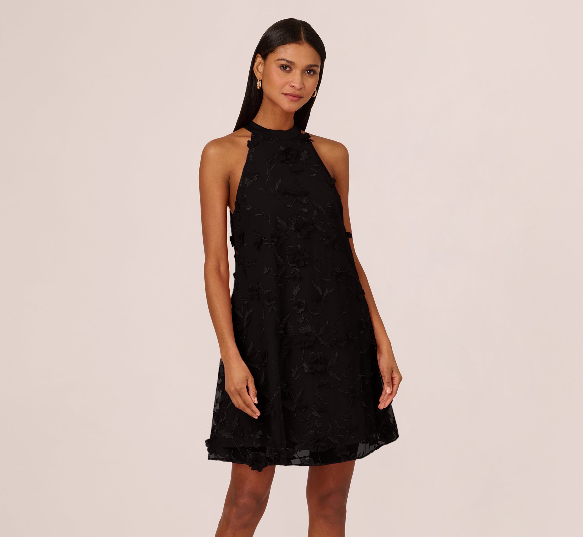 3D Floral Embroidered Trapeze Dress With Open Bow Back In Black、mySite、solidvoid