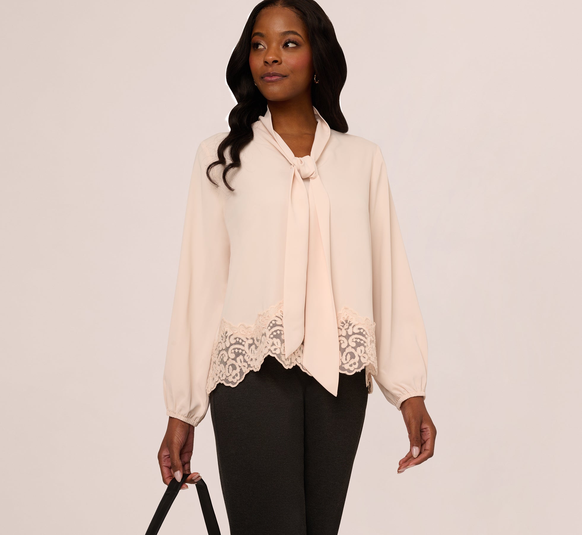 Lace Hem Tie Neck Blouse In Powder Blush、mySite、solidvoid