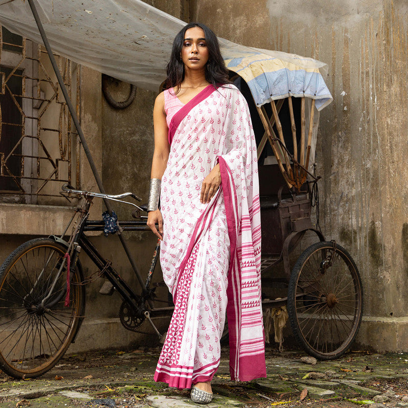 Cotton Printed Saree | White & Pink、mySite、camillekostekn