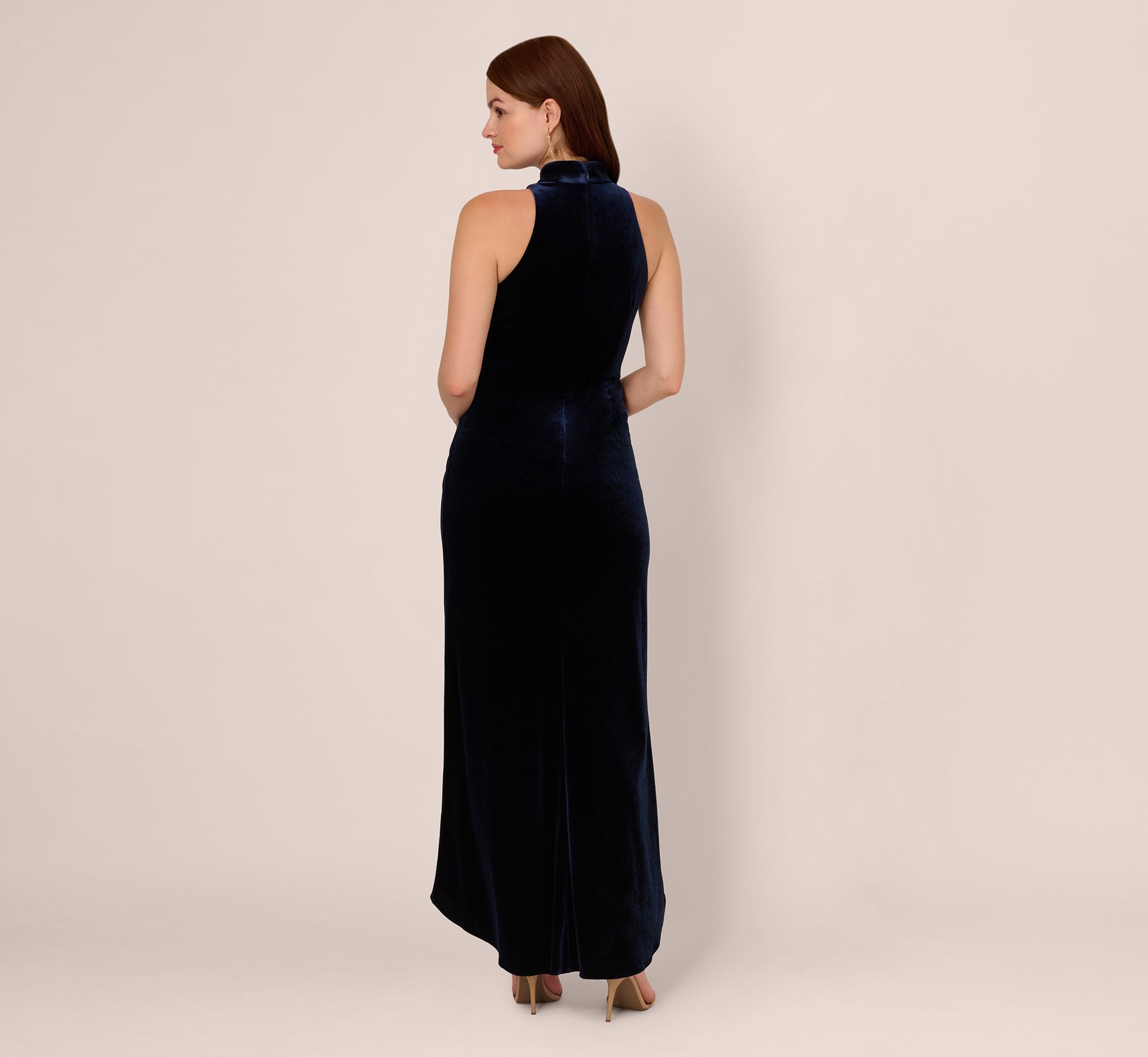 Velvet High Low Halter Gown With Cutout Mock Neck In Midnight、mySite、solidvoid