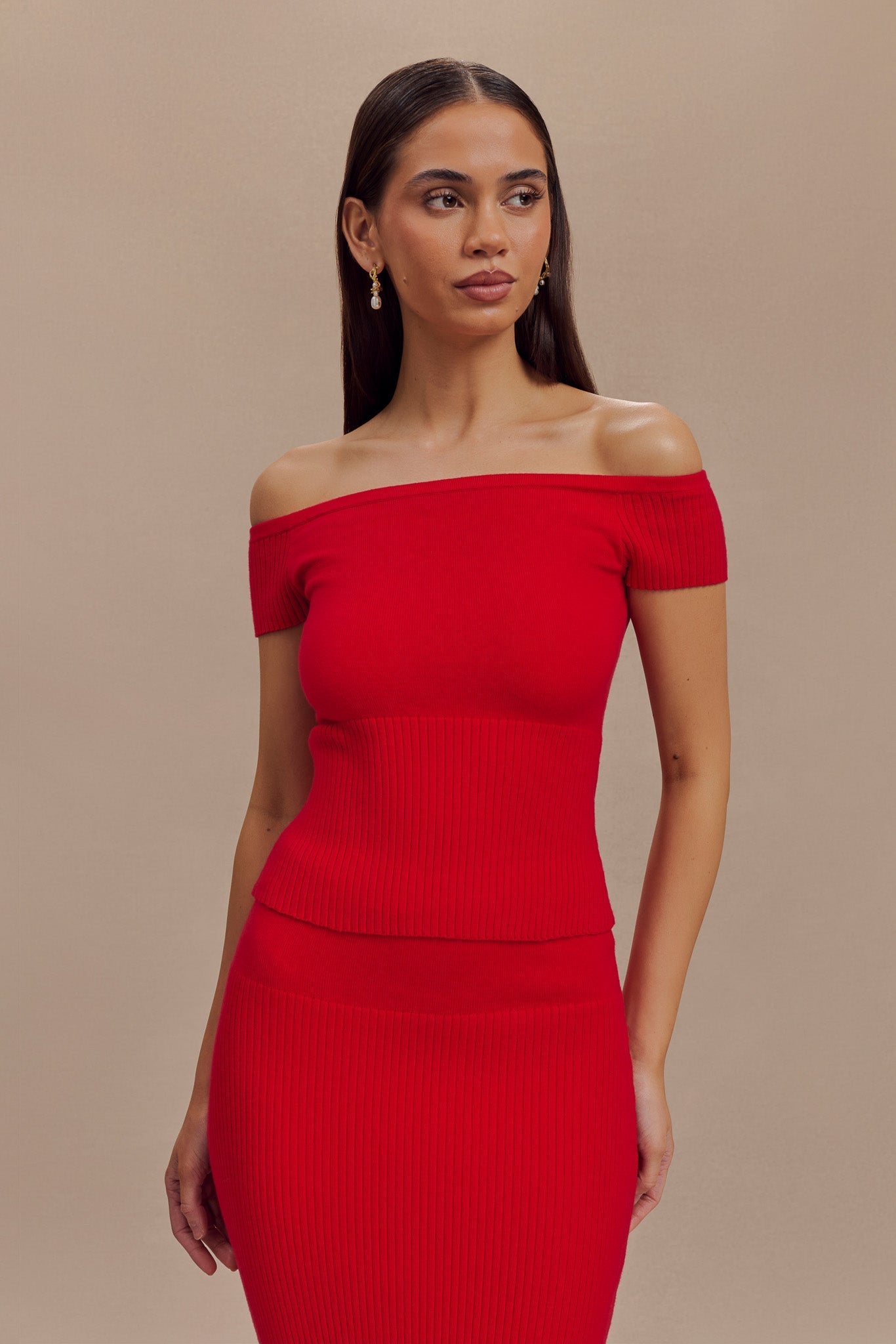 Mathilde Ribbed Knit Off Shoulder Top - Ruby、mySite、solidvoid