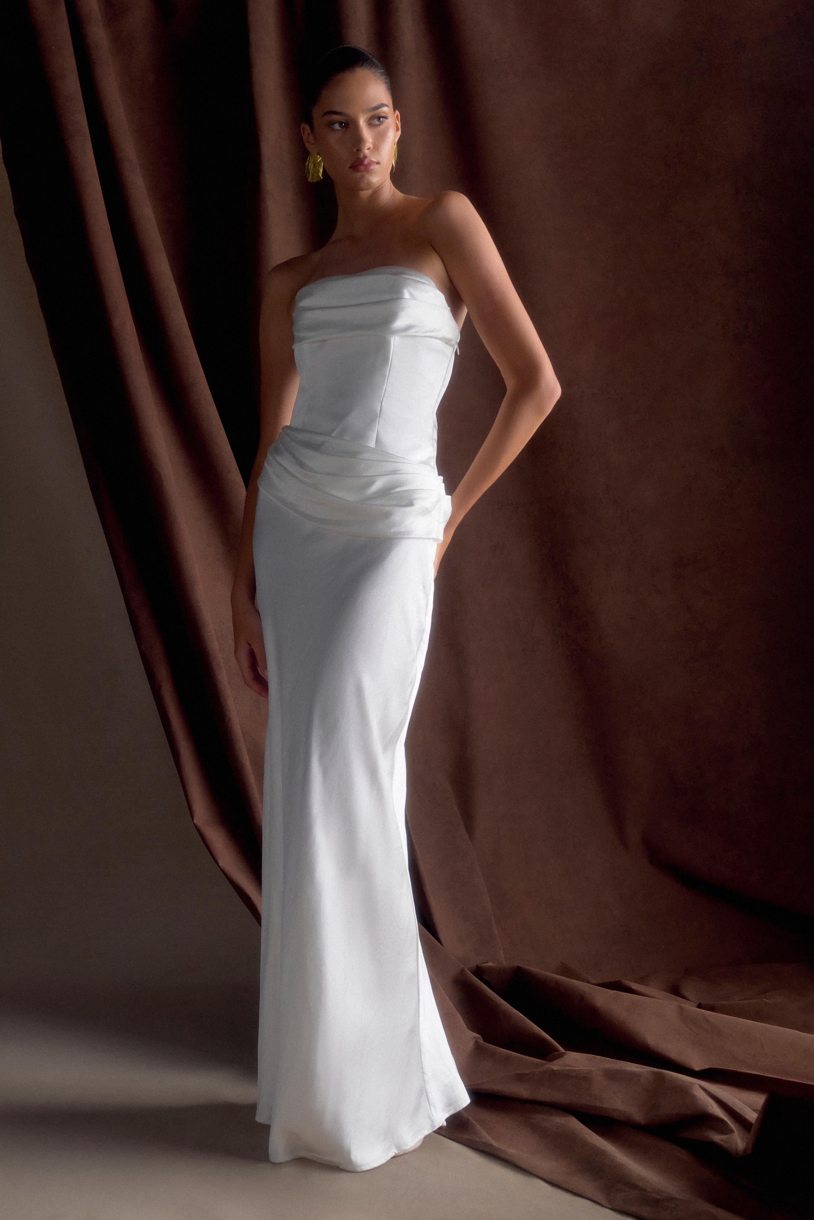 Jasmine Strapless Satin Maxi Dress - White、mySite、solidvoid