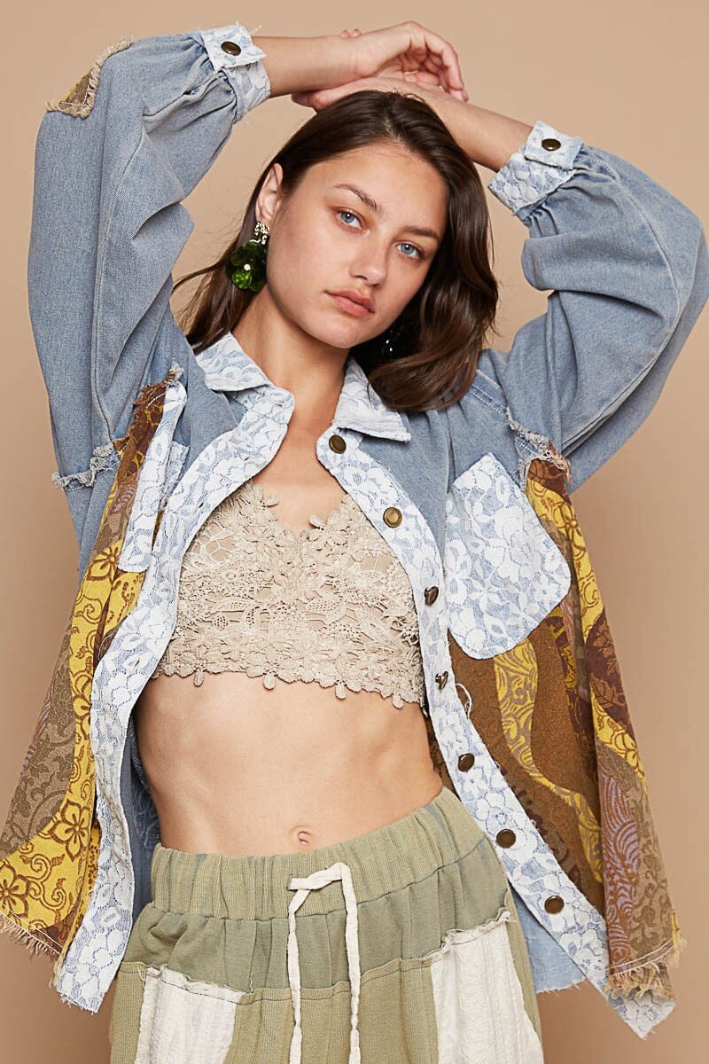 POL Raw Hem Twill Contrast Button Up Shacket、mySite、camillekostekn