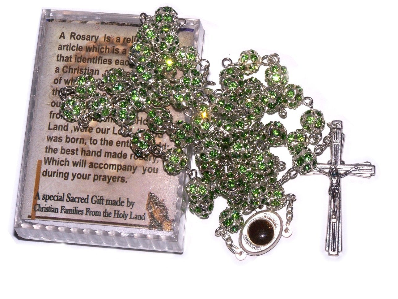 Multi Faceted Crystals Rosary - 8mm Crystal Rosary with Silver Tone Alpaka chain, Holy Land Soil and special Crucifix (Green)、mySite、topwebapps