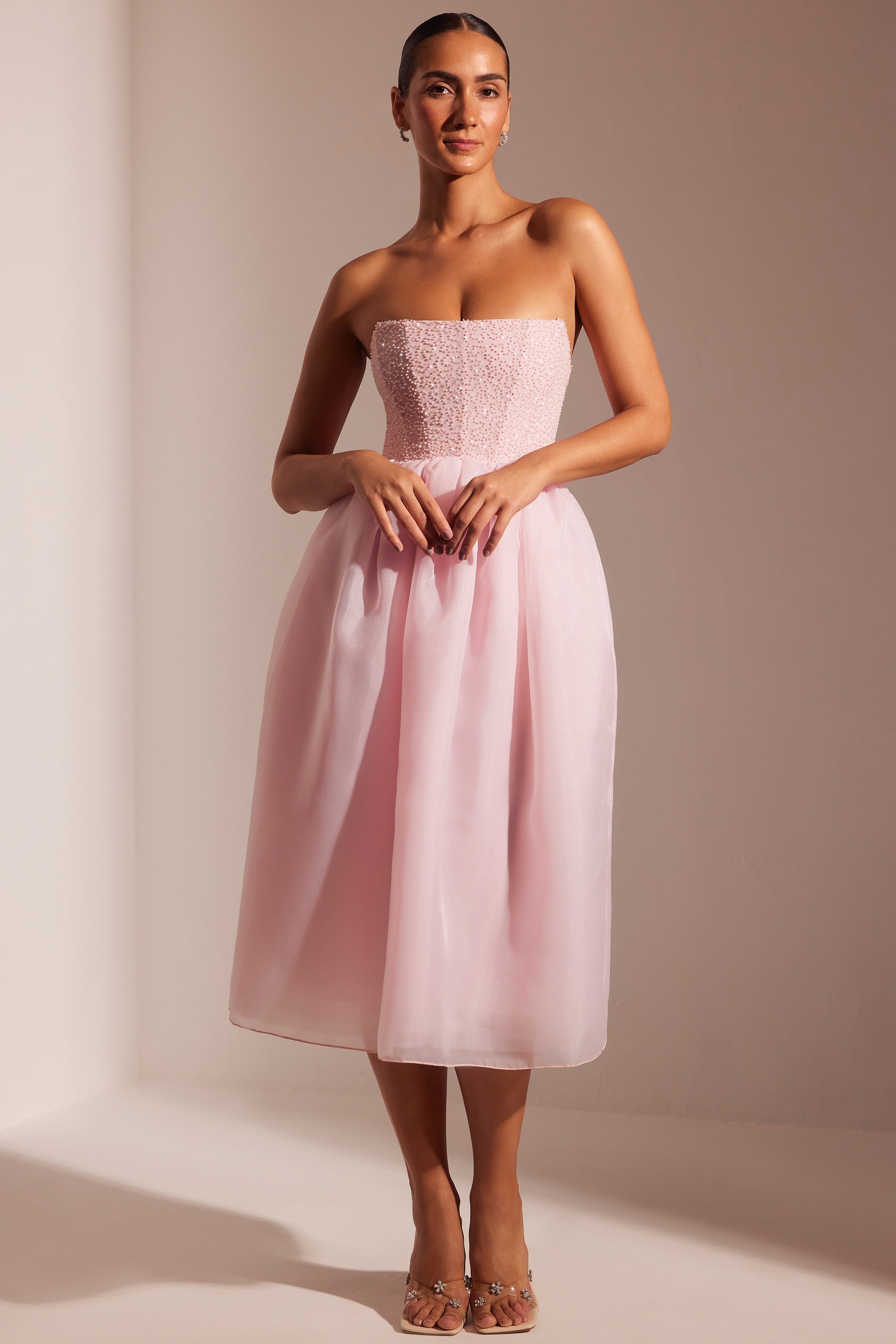 Embellished Corset Tulle Skirt Midi Dress in Blush、mySite、solidvoid