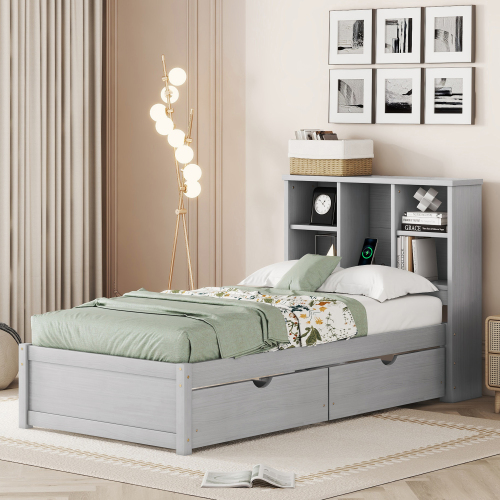 Modern Twin Size Bed Frame With Built-in USB Port on Bookcase Headboard and 2 Drawers for White Washed Color、、xpatfood