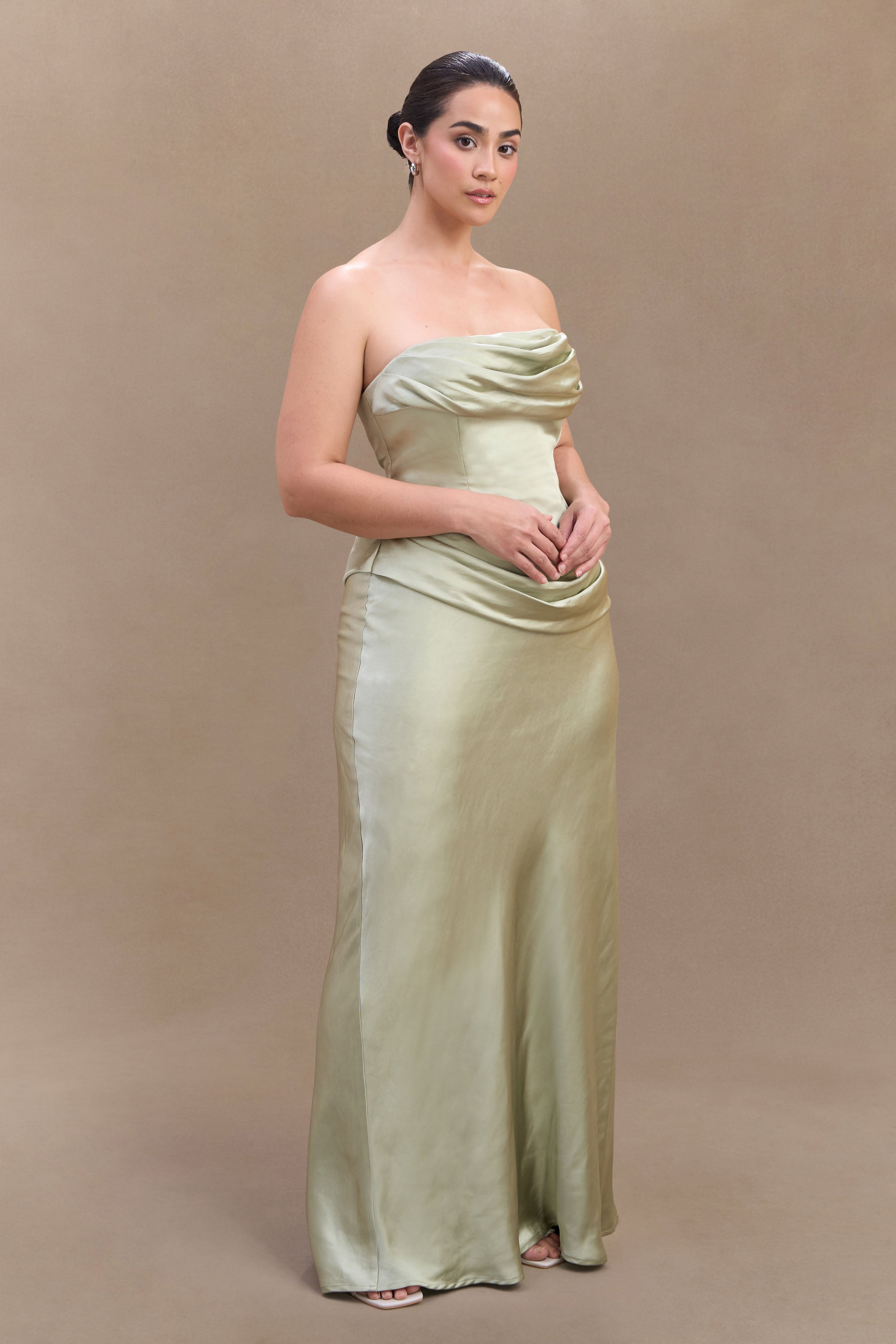 Jasmine Strapless Satin Maxi Dress - Sage、mySite、solidvoid
